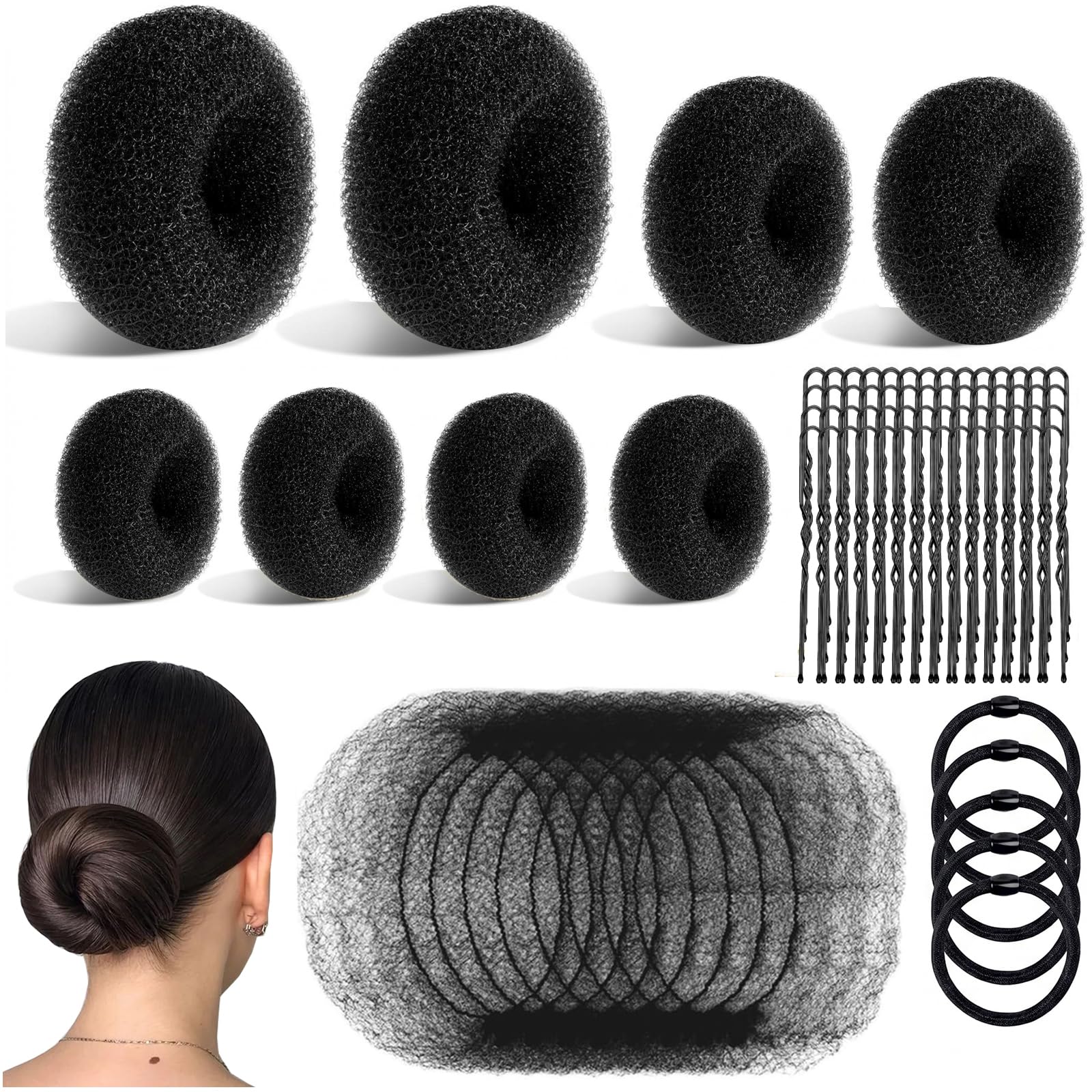 Ciambelle per chignon, set da 63 pezzi con retine per chignon, forcine e fasce elastiche, ciambelle per capelli, accessori per capelli per ragazze, bambini, donne, ballerine (nero)