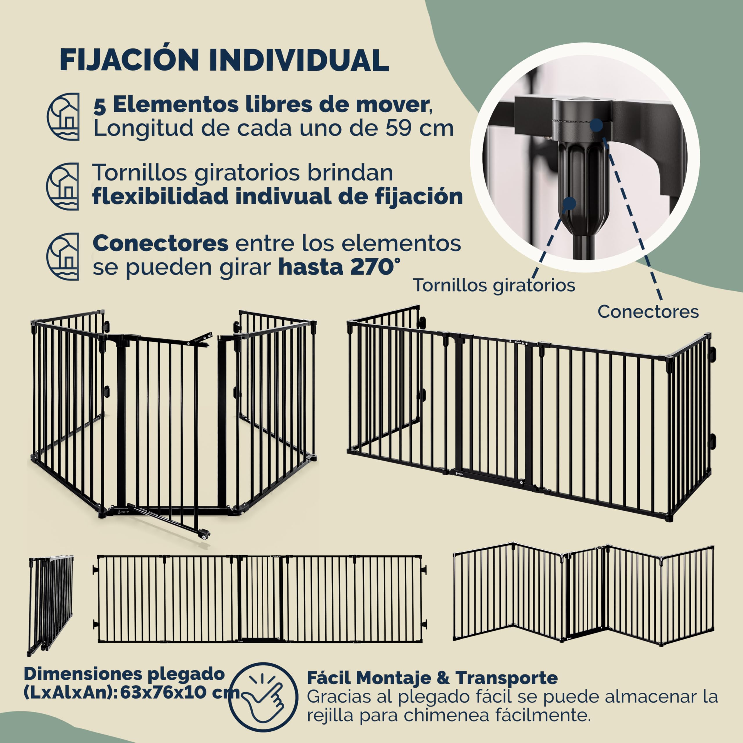 CASARIA Barrera de Seguridad Niños y Mascotas 306x76cm | 76Cm Altura, 10Kg, Acceso Seguro, Estable, Resistencia Calor, Ahorra Espacio, Rejilla Protector Chimenea, Puerta