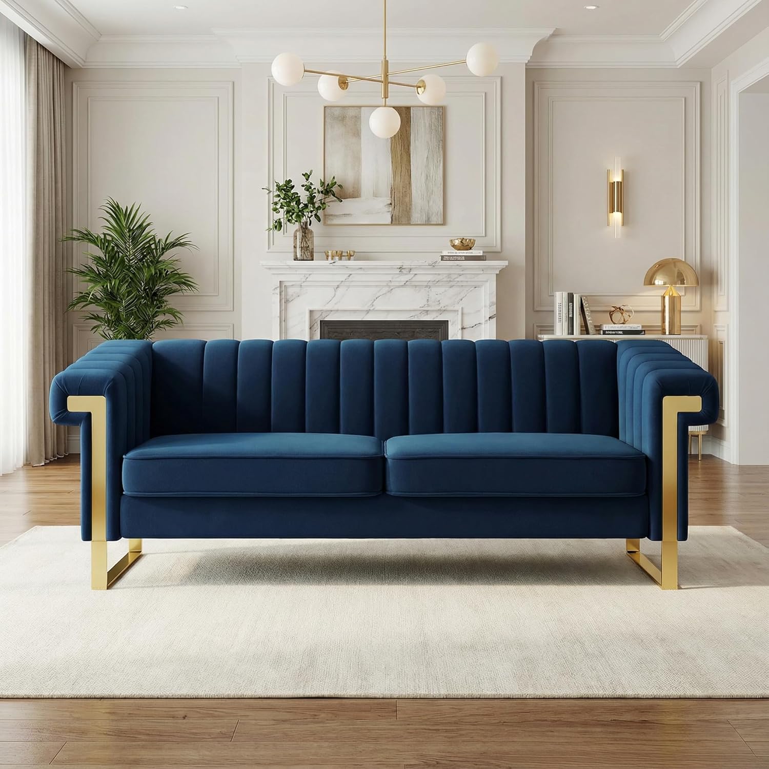 Luxury Velvet 3-Seater Sofa, Mid-Century Modern Couch with Gold Metal Legs, Waterfall Stitched Back Removable Cushions for Living Room, Durable & Comfortable (Blue)