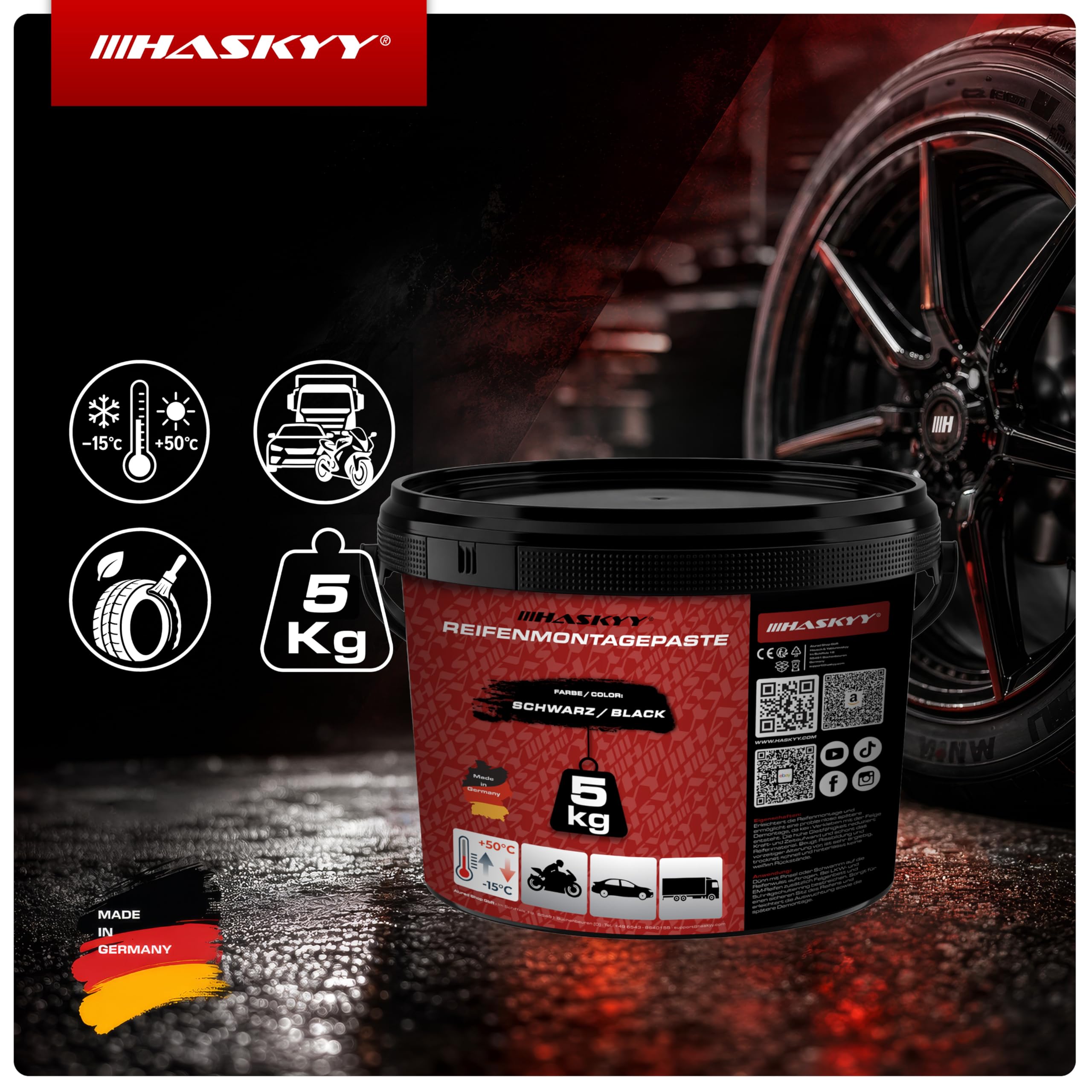 HASKYY Pasta de Montaje para Neumáticos Negra 5 kg – Kit de Montaje de Neumáticos con Extractor de Válvulas, Instalador de Válvulas, Alicate de Equilibrado para Pesos Adhesivos y de Golpe & Tiza Grasa