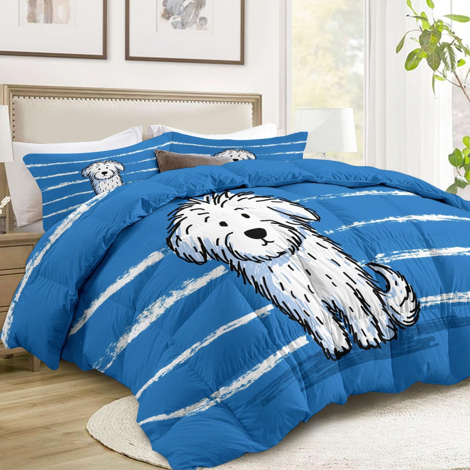 Generico Zimowa podwójna kołdra 200 x 200 cm, śliczne zwierzątko szczeniak kołdra z pianki 400 gr/m2, ciepła i elegancka, antyalergiczna i oddychająca pościel - 3-częściowy zestaw, niebieski