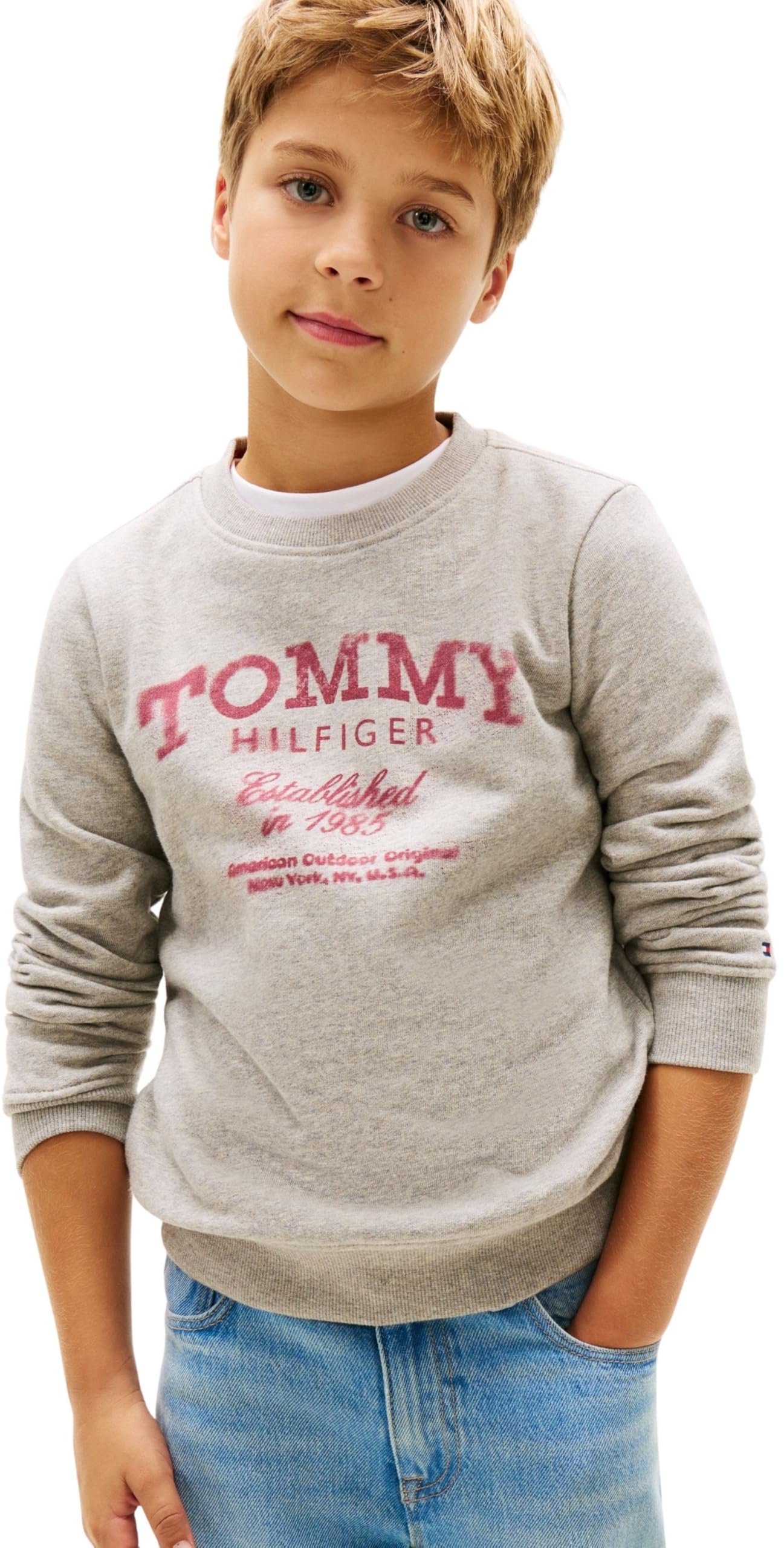 Tommy Hilfiger Boy's TOMMY FADED PRINT SWEATSHIRT KB0KB10337 Pullover Sweatshirt, GREY (Mid Grey Heather), 14 Years