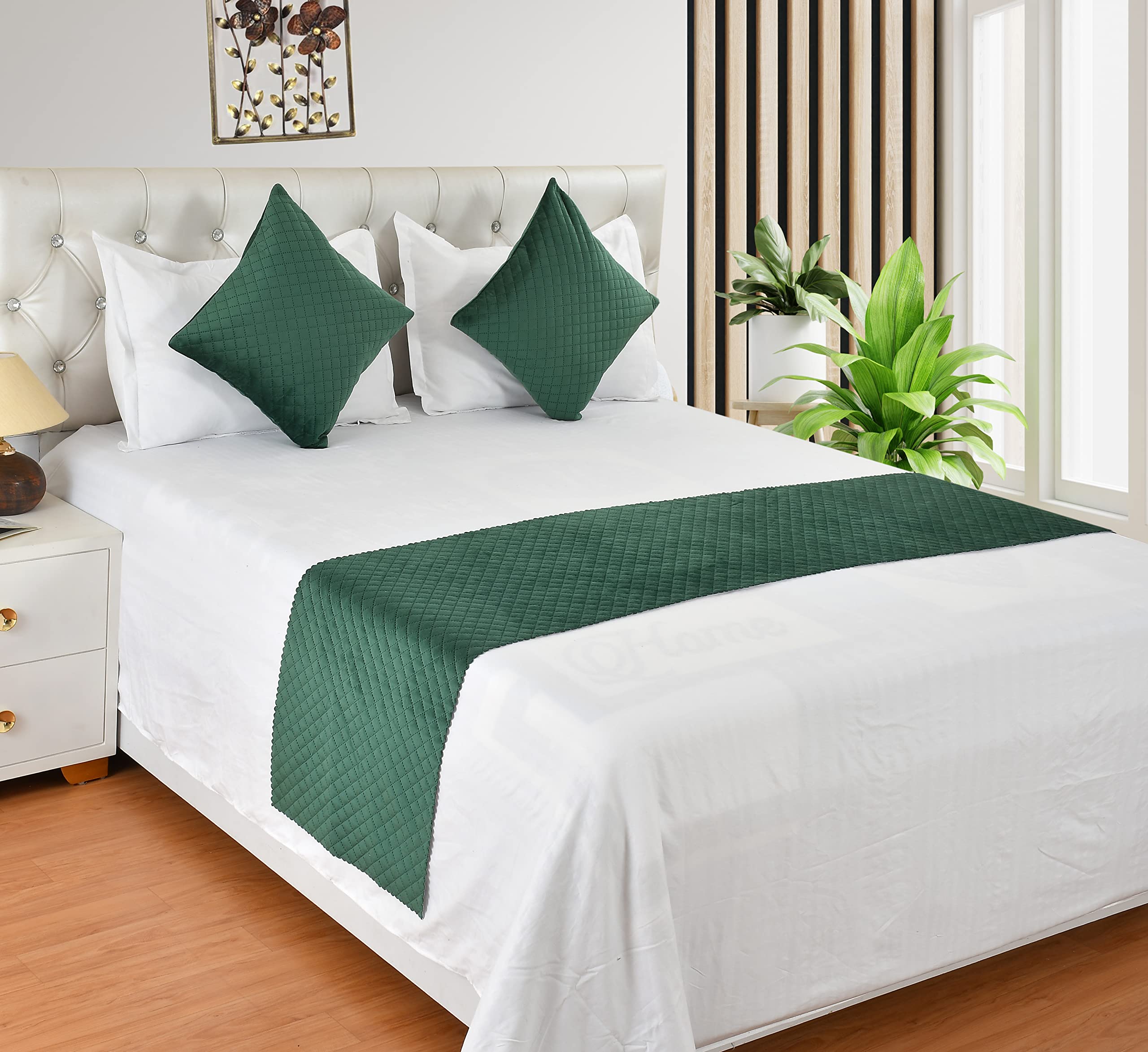 Premium Velvet Quilted Set of Bed Runner (16 x 96 inches) and 2 Cushion Covers (16 x 16 inches) Combo Set. (Green)
