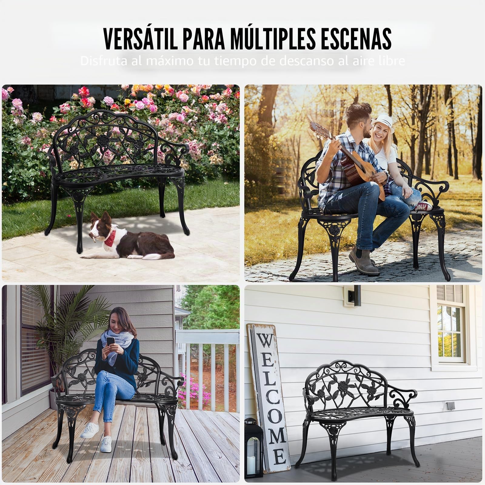 VEVOR, Banco de jardín de Metal de 38.8 Pulgadas para Exteriores, Negro, 38.8 Pulgadas