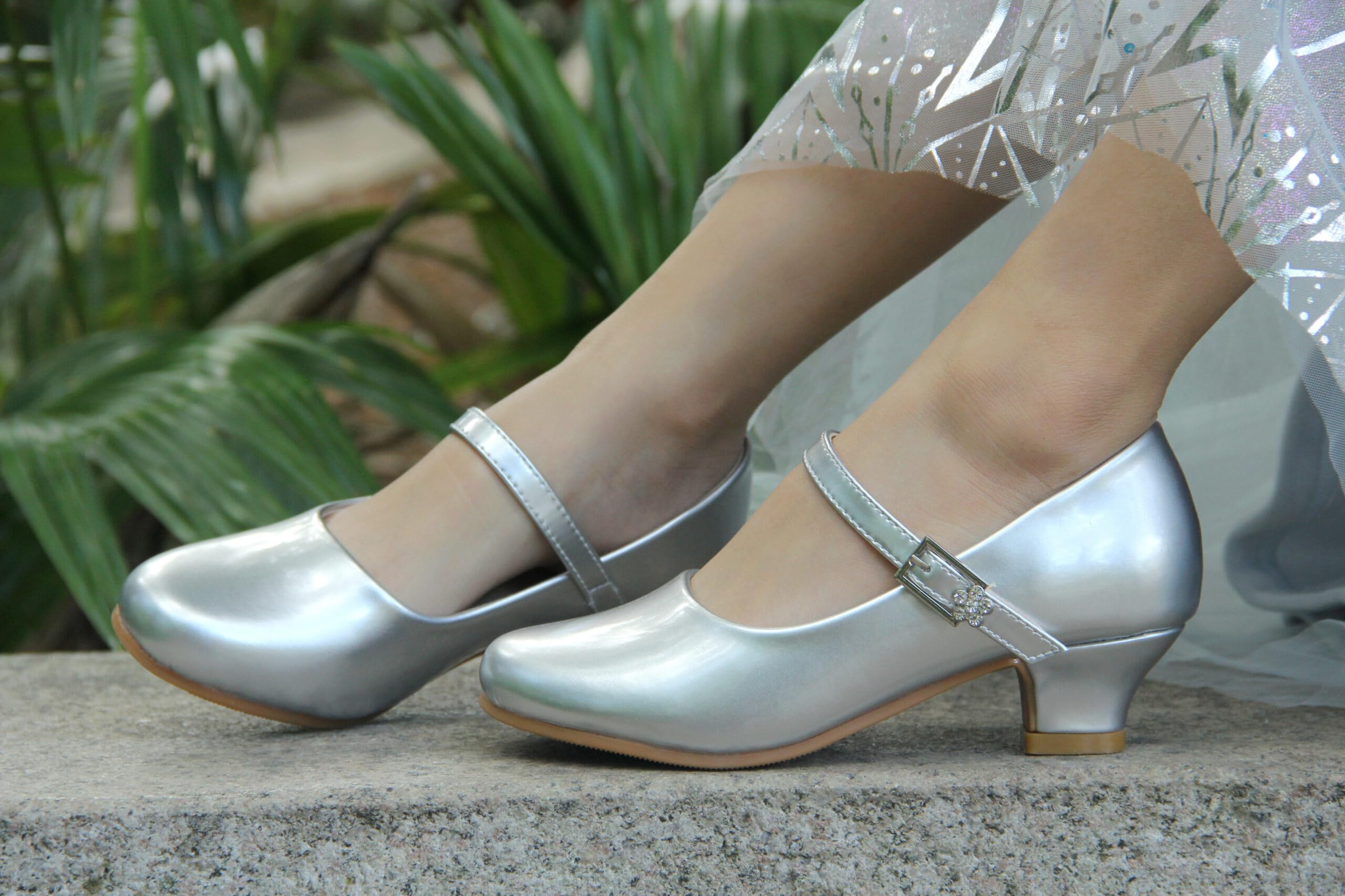 EIGHT KM Zapatos de tacón Alto para niñas Modelo Mary Jane EKM7015 en Charol Plateado Estilo Princesa para Fiesta o Boda Talla EU 32