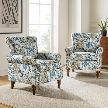 Set of 2 Modern Floral Armchairs with Wood Legs, Green