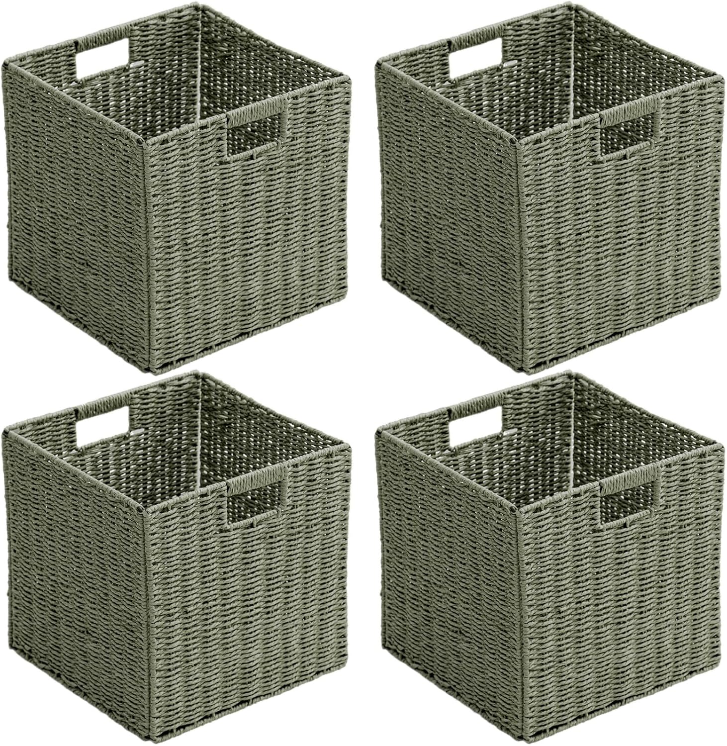 Handwoven Paper Woven Cube Basket Organizer with Handles set of 4 Foldable Storage baskets for Bedroom Living Room Cubby Storage Units for Clothes Books Toys (Green, 13" L x 13" W x 13" H) Green 13" L x 13" W x 13" H