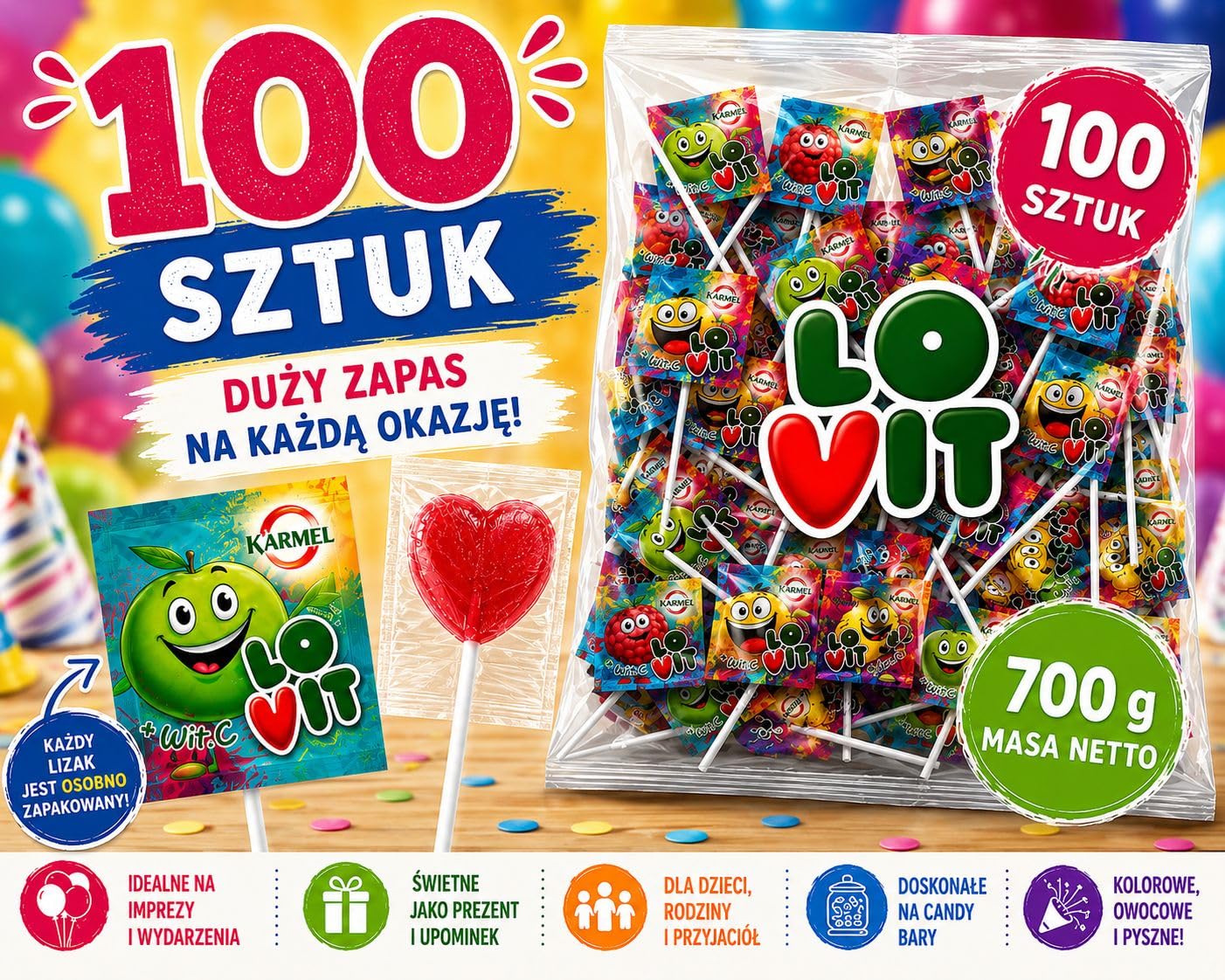 100 owocowych lizaków z witaminą C – 7 g każdy – 4 smaki: jabłkowy, cytrynowy, malinowy i pomarańczowy – pakowane pojedynczo lizaki na urodziny dla dzieci, batoniki i imprezy