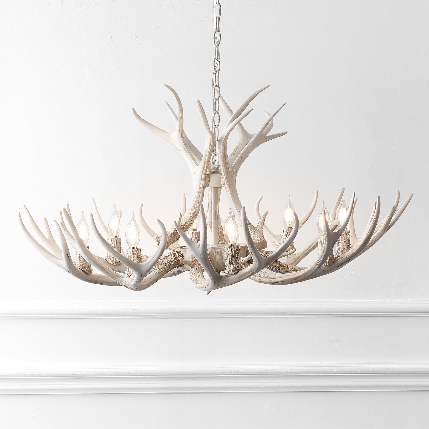 Eyely EYL6300B Ava 30" Adjustable Resin Antler 5-Light LED Chandelier for Dining Room,Kitchen and Living Room, Farmhouse, Glam, Transitional, White