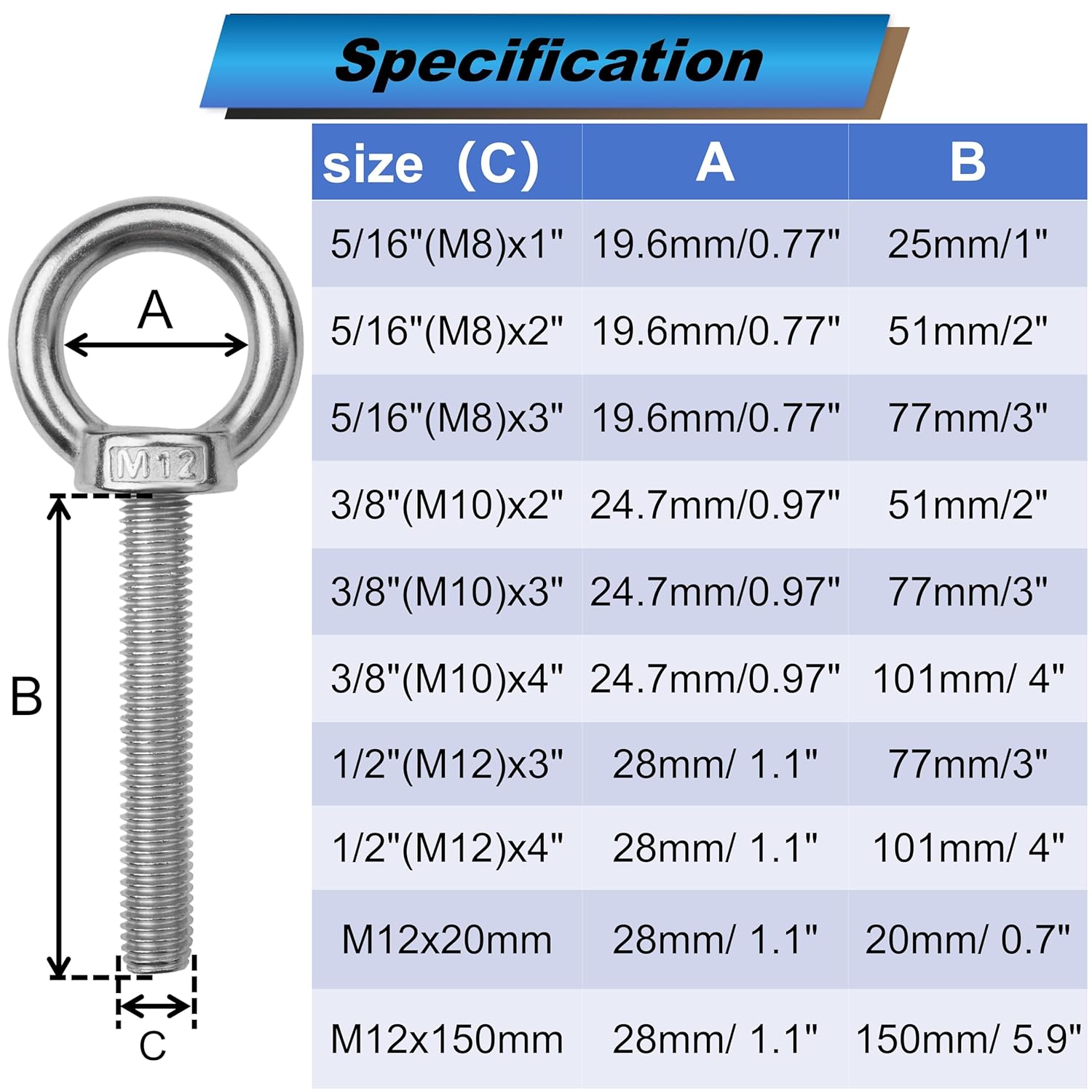4 Pack M12 Eye Bolts with Nuts, 304 Stainless Steel 1/2" x 3" Heavy Duty Lifting Eye Bolts, Metric M12×77mm Ring Eye Bolt for Hanging, Tie Down, Outdoor & Hardware Fixing (4, 1/2"x3")