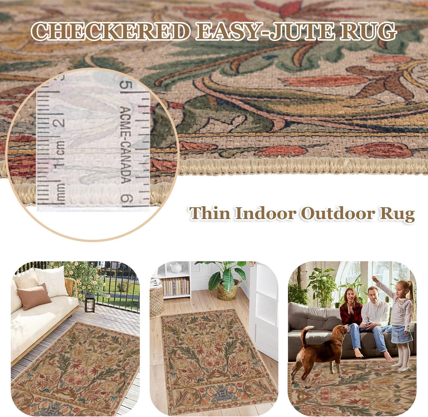 Easy Jute Vintage Floral Front Door Mat 2x3, Washable Non Slip Beige Jute Entryway Rug, Tribal Throw Small Floor Mat for Bathroom Kitchen Bedroom