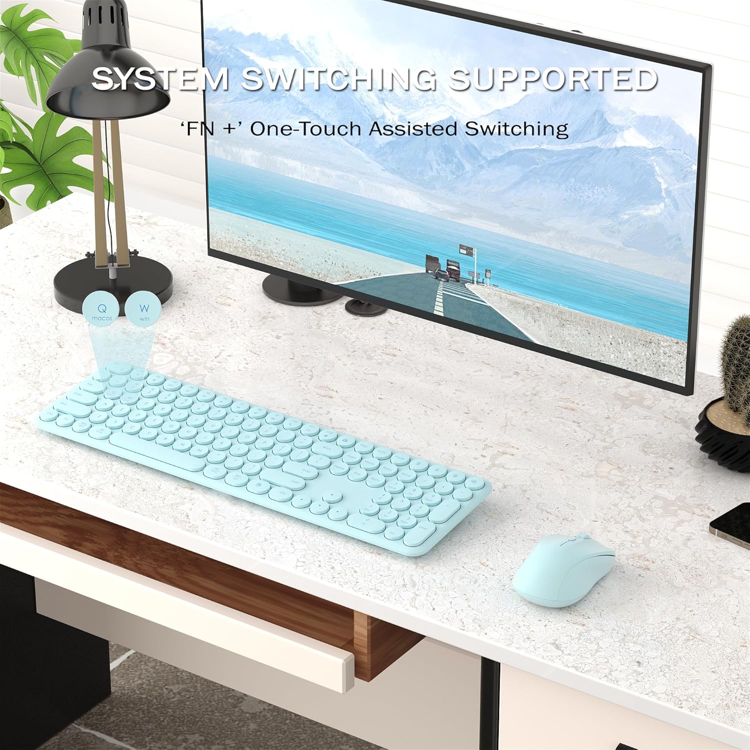 wireless keyboard and mouse combo, 110 round quiet keys, adjustable optical mouse, share 1xusb receiver, power switch, for windows mac(blue)