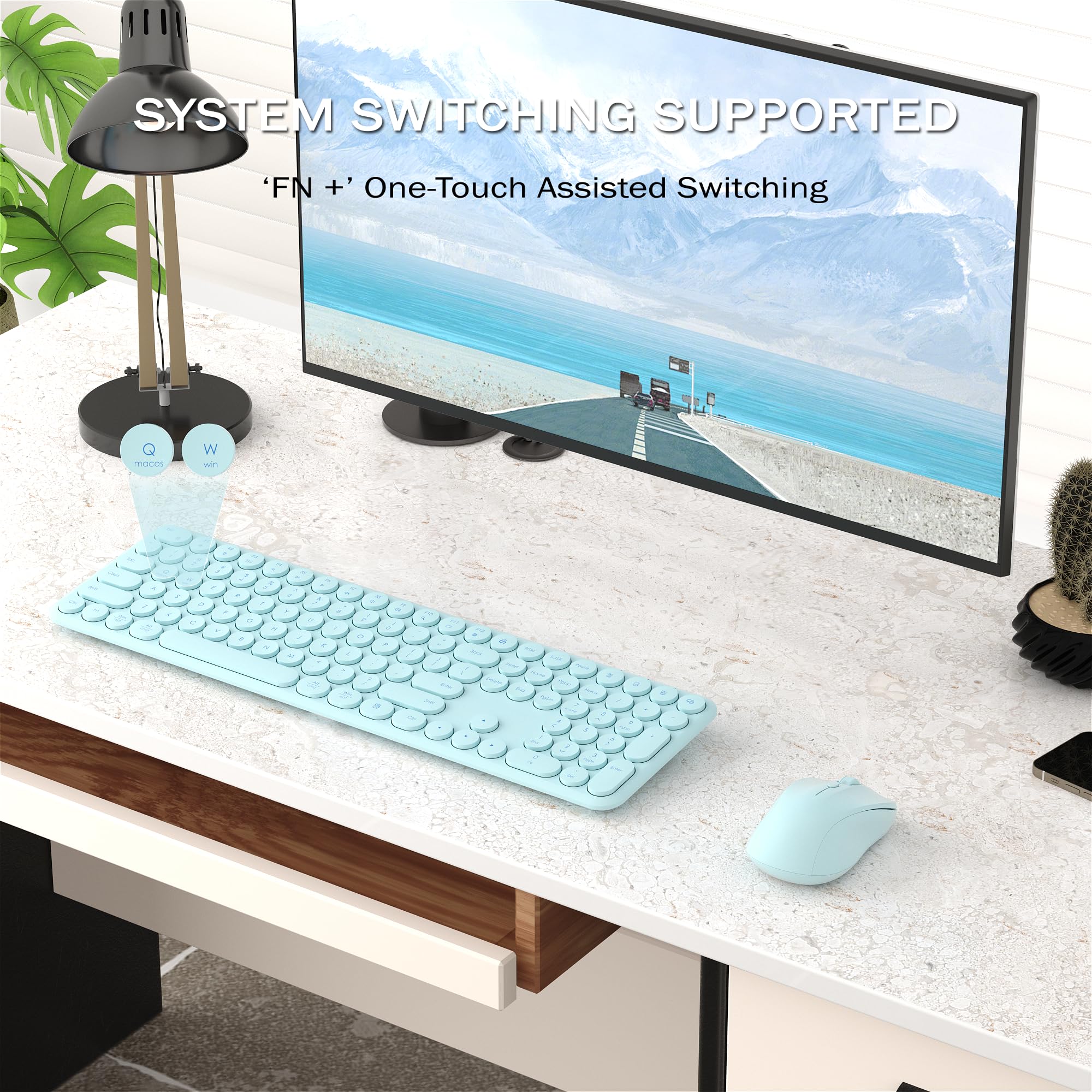 KEQTFT Wireless Keyboard and Mouse Combo, 110 Round Quiet Keys, Adjustable Optical Mouse, Share 1xUSB Receiver, Power Switch, for Windows Mac(Blue)
