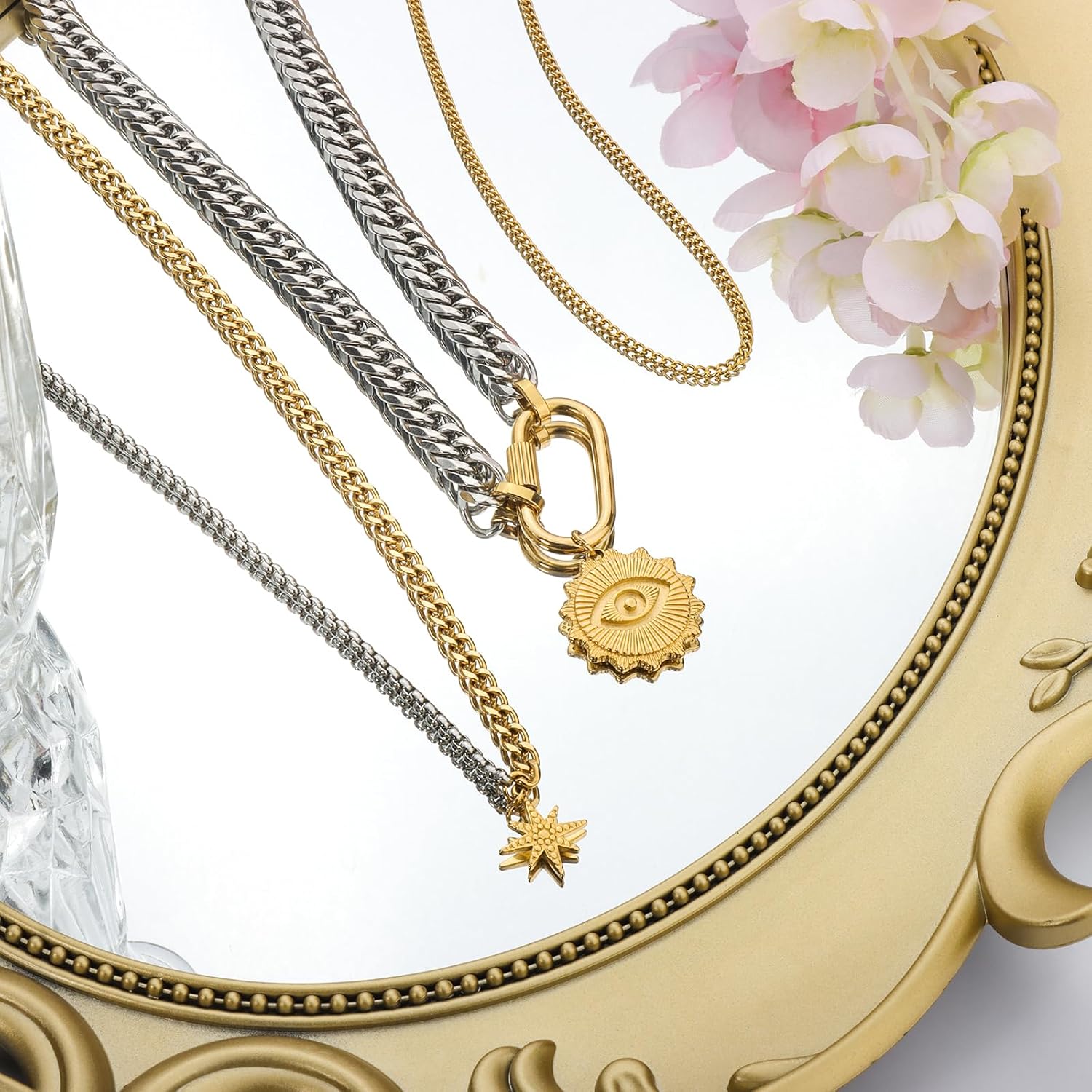 Layered Necklaces for Women,Two Tones Necklace Stainless Steel Compass Coin Pendant Paperclip Cuban Chain Chunky Choker Trendy Statement Jewelry Gift