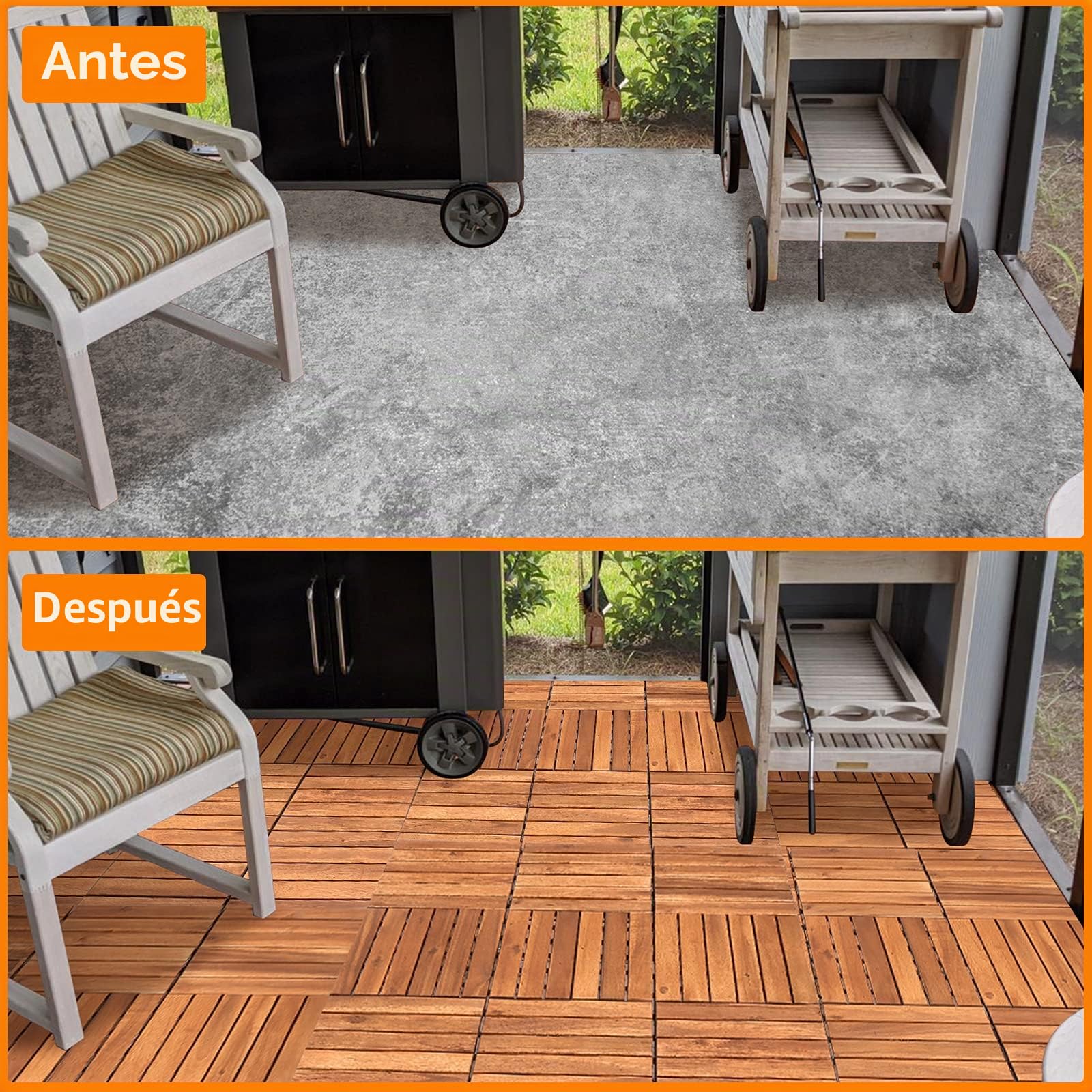 Randaco Baldosas de madera de acacia, 30 x 30 cm, juego de 11 baldosas, 1 m², baldosa de balcón con drenaje para exteriores, jardín, terraza, azulejos de jardín