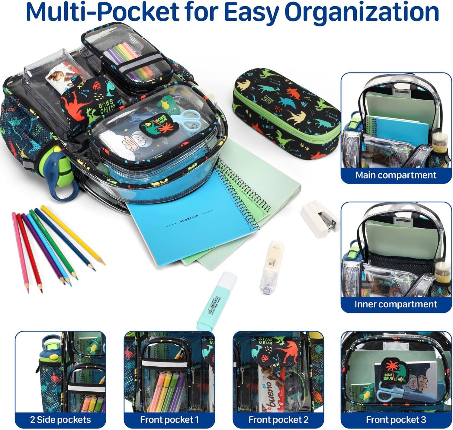 Bagseri Clear Backpack for Boys, 15 Inch Heavy Duty Kids Transparent Bookbag for School Kindergarten to 2nd Grade, Fits 12.5 Inch Folders, High Visibility Reflective Strips, Black Dinosaur - Image 4