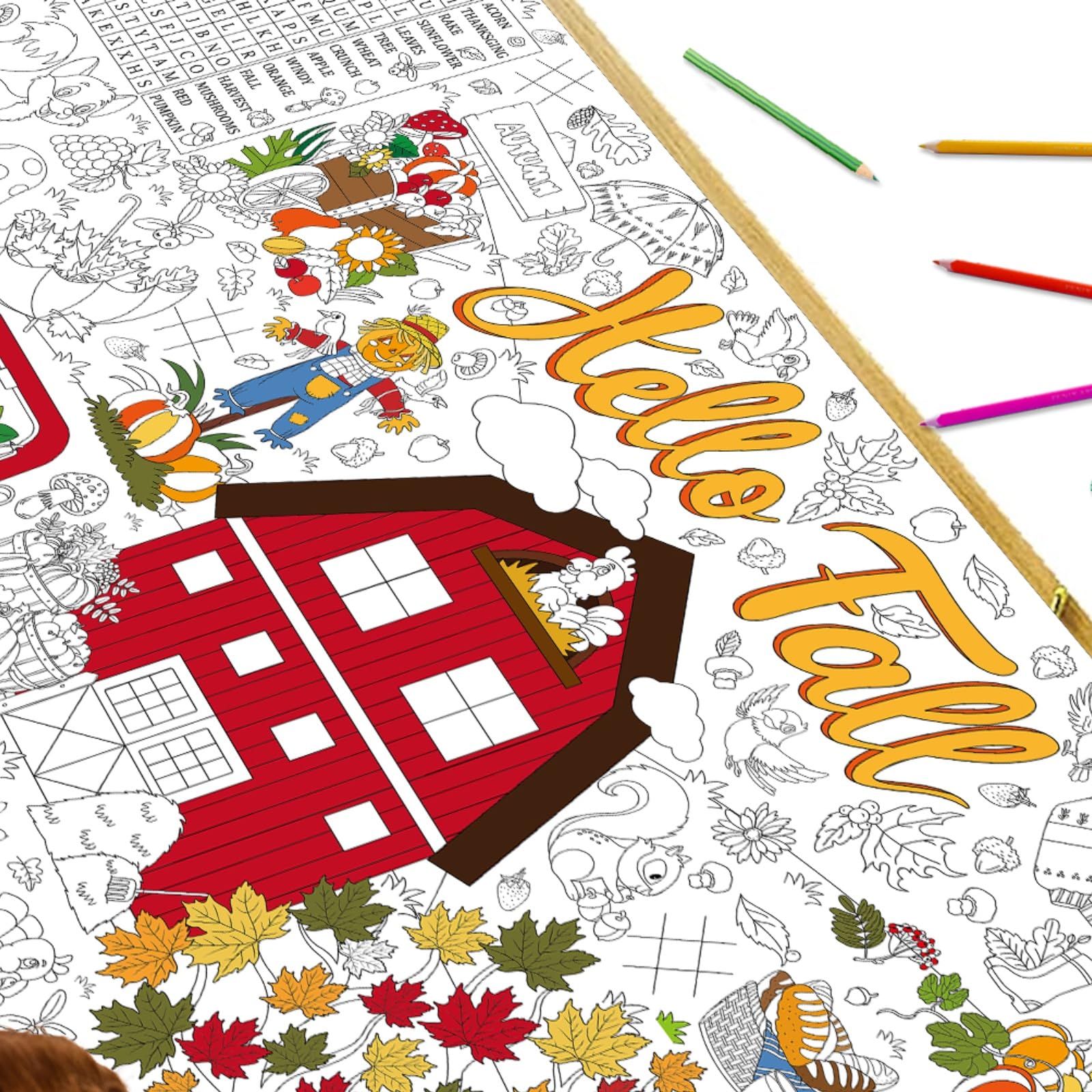 Naozinebi Hello Fall Coloring Poster Giant Coloring Poster Large Coloring Tablecloth Jumbo Autumn Pumpkin Leaves Truck Thanksgiving Activities Books