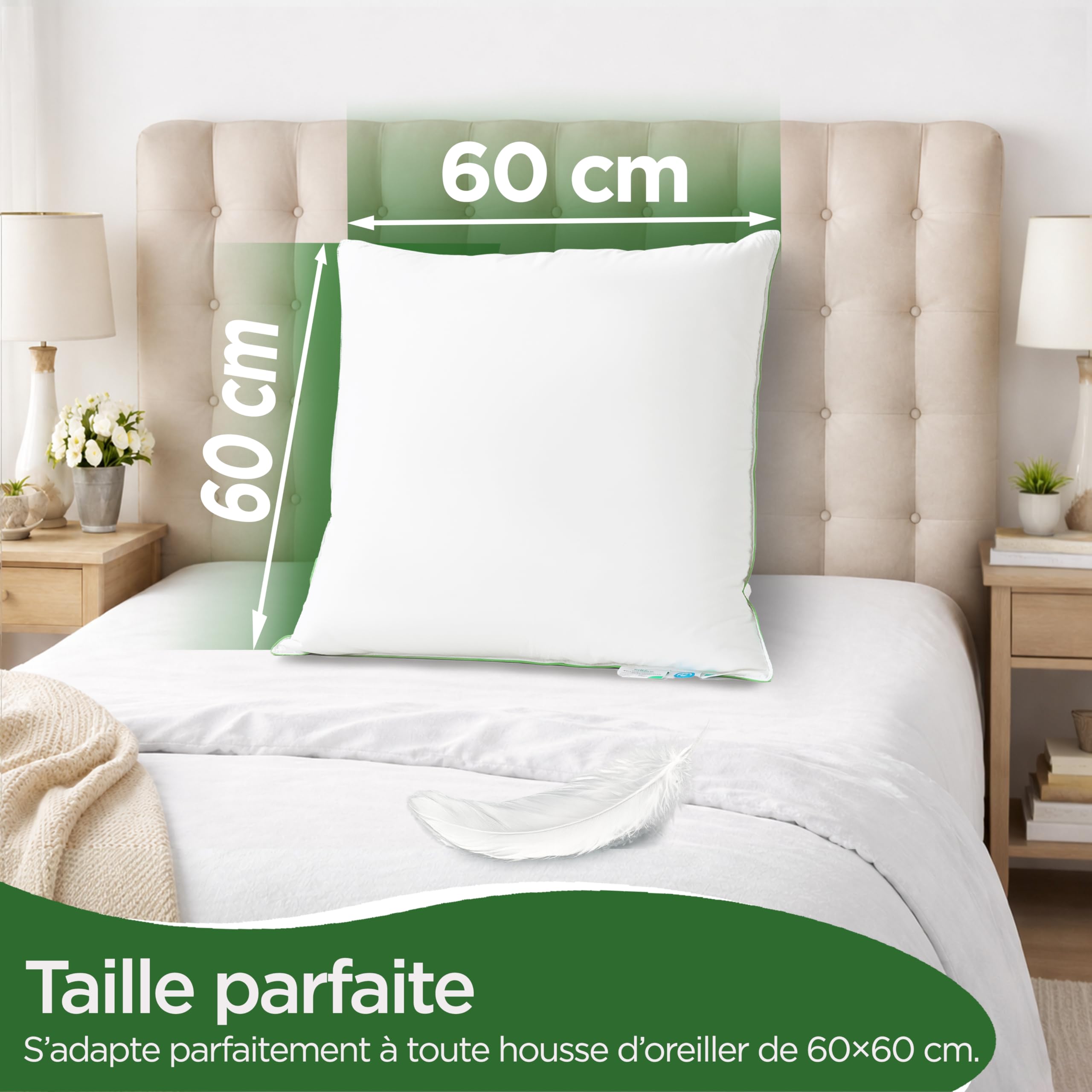 Welldora Oreiller 60x60, Premium 3 comp., Duvet/Plumes, Confort Moelleux
