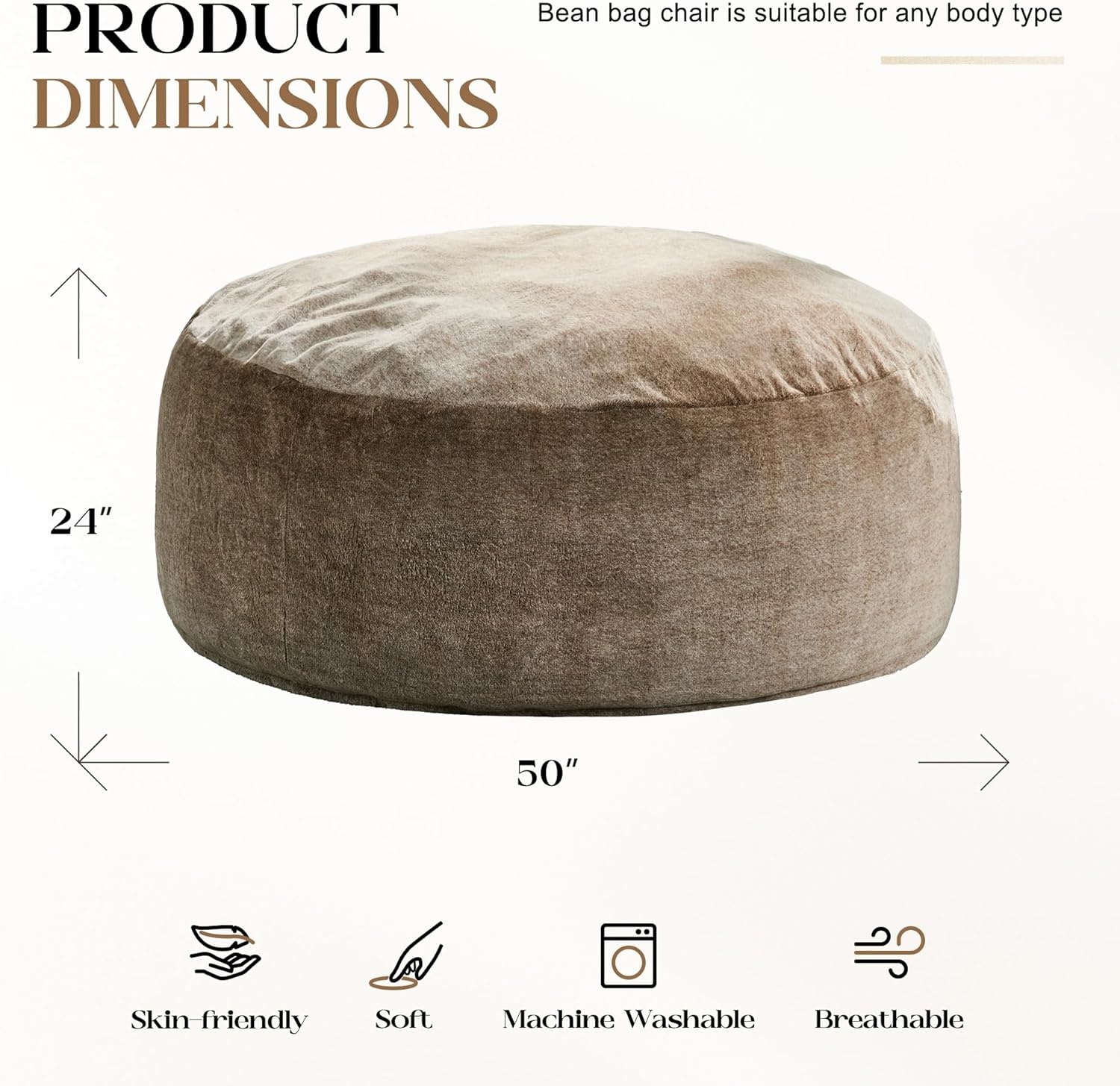 Hobestluk Bean Bag Chairs Giant Beanbag Chair with Filler, Memory Foam Bean Bags with Fluffy & Machine Washable Cover, Bean Bag Chairs for Aduts for Living Room, Bedroom (BROWN, 5FT - 50” x 50” x 24”) - Image 2