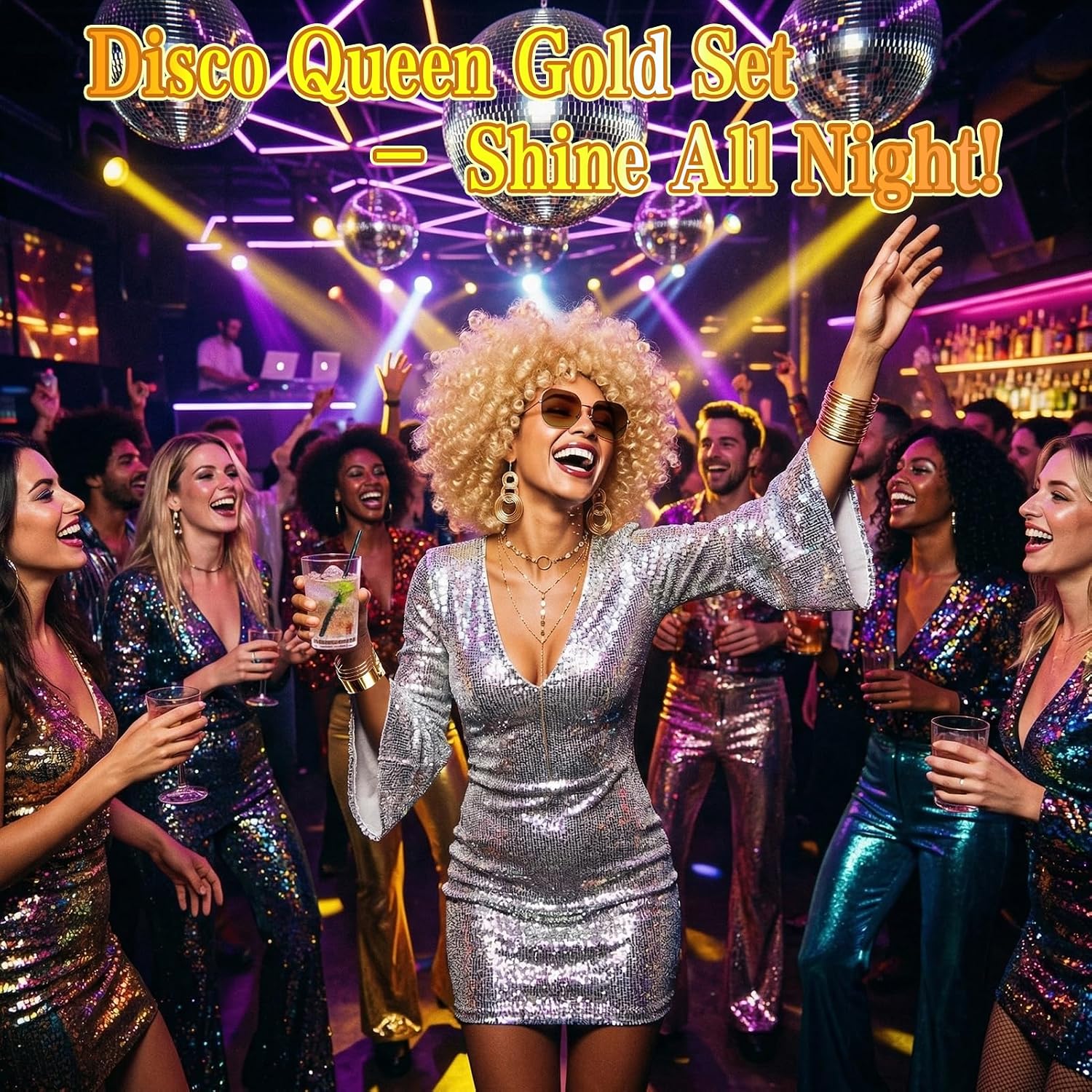 JATEBI 70s Disco Accessory Set for Women - 8 Pcs Retro Gold Jewelry Set with Blonde Afro Kinky Curly Wig with Sunglasses, Bracelets &Necklace for Halloween Party Costume
