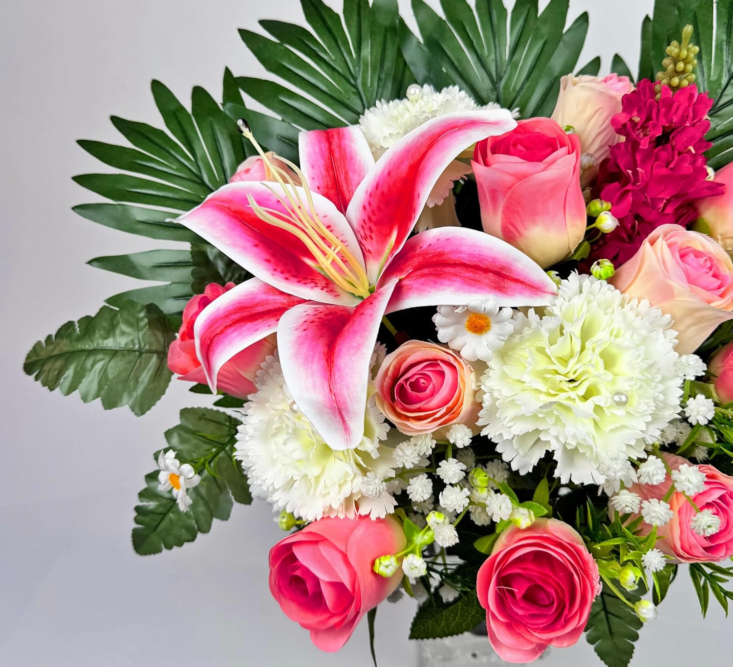 Artificial Cemetery Flowers,Memorial Flowers,Beautiful Arrangements for Headstones,Silk Lily Rose Carnation