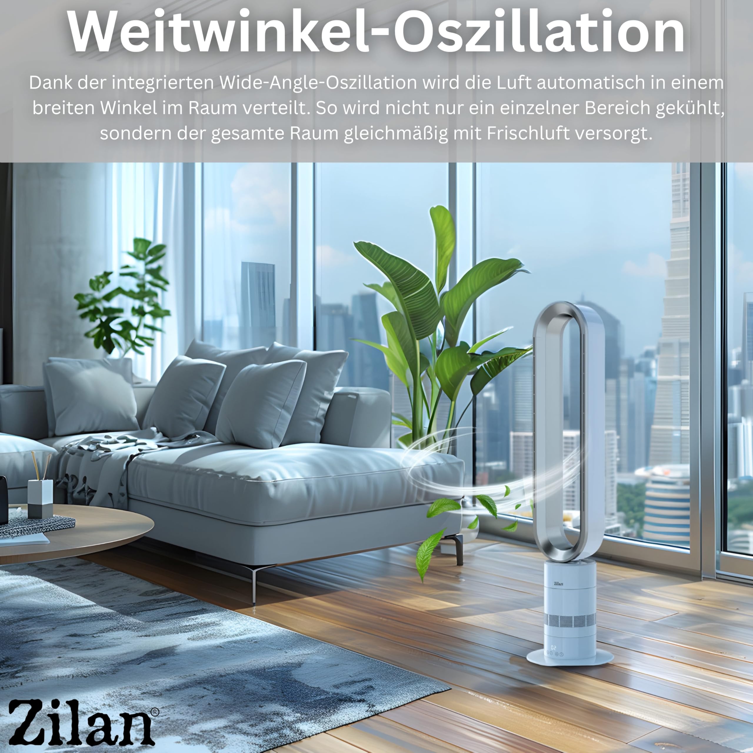 Zilan Turmventilator leise mit Fernbedienung – energiesparender BLDC Motor Standventilator mit Kühlung - Säulenventilator 10 Sufen & 10 Modi, 900 m³/h, Oszillation, Timer, Touch Display