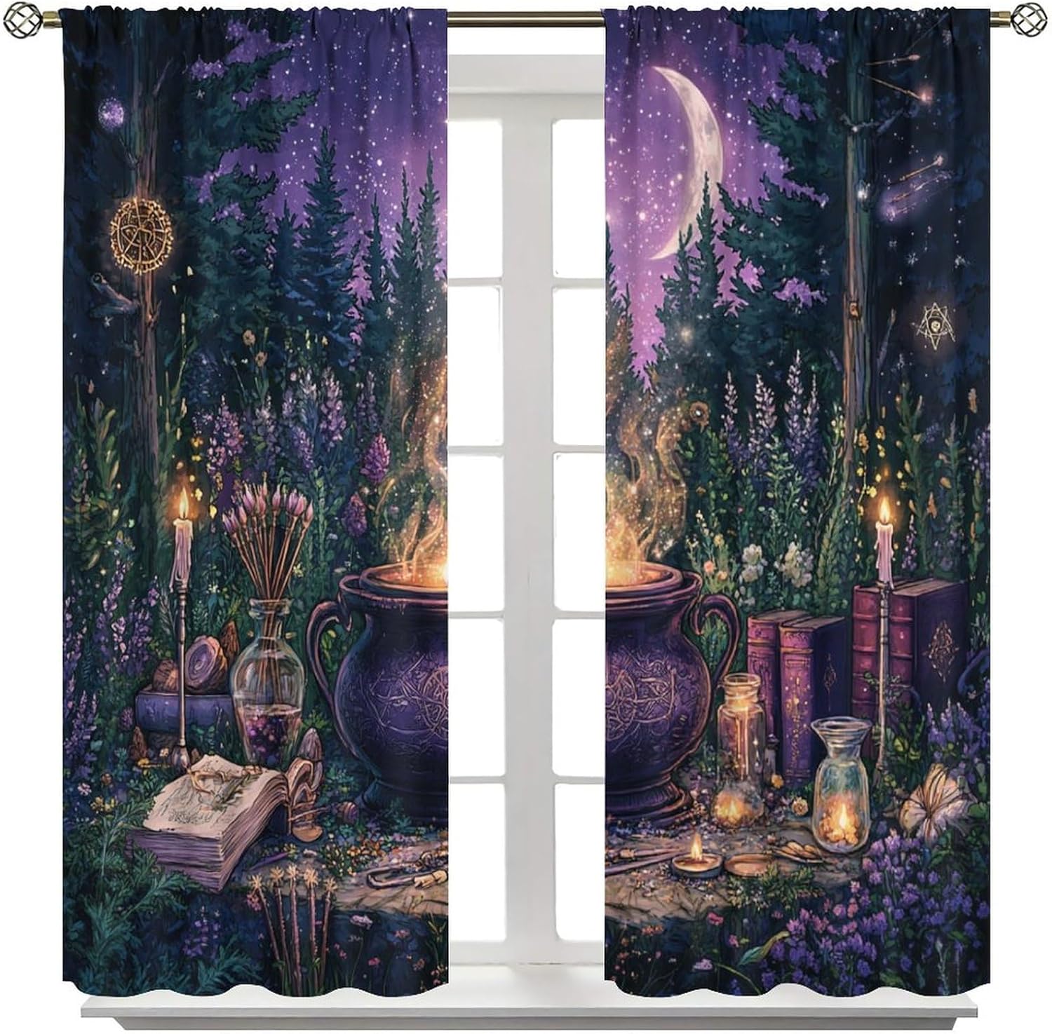 Fantasy Flower Forest Blackout Curtains for Bedroom/Living Room, Magic Potion Moon Curtains Rod Pocket Thermal Insulated Window Drapes, 21W x 45L, 2 Panels