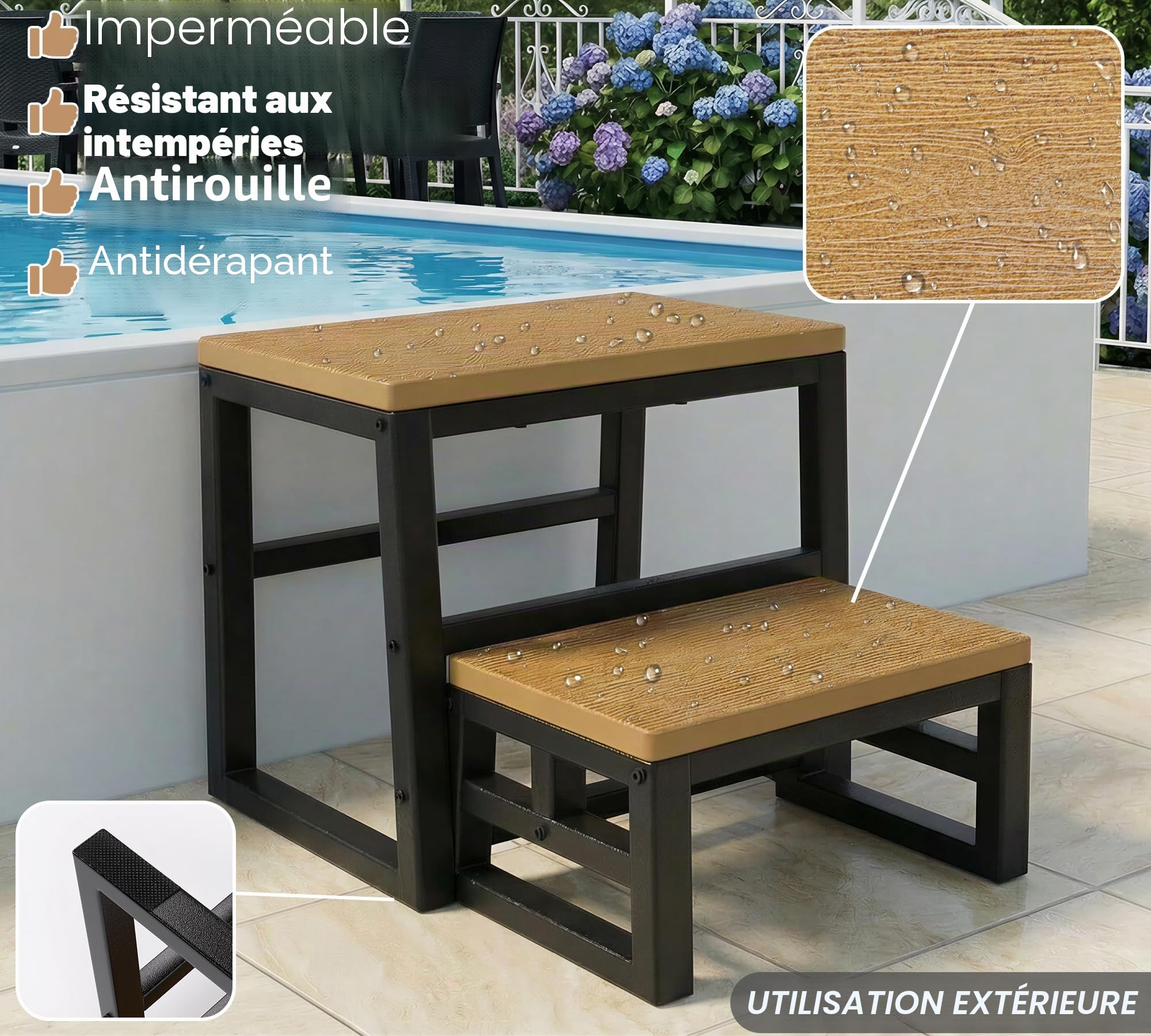 Marchepied à 2 marches empilables pour adultes et enfants, tabourets de cuisine imperméables en polyéthylène haute densité avec dessus antidérapant, repose-pieds très résistant, supporte jusqu'à 230