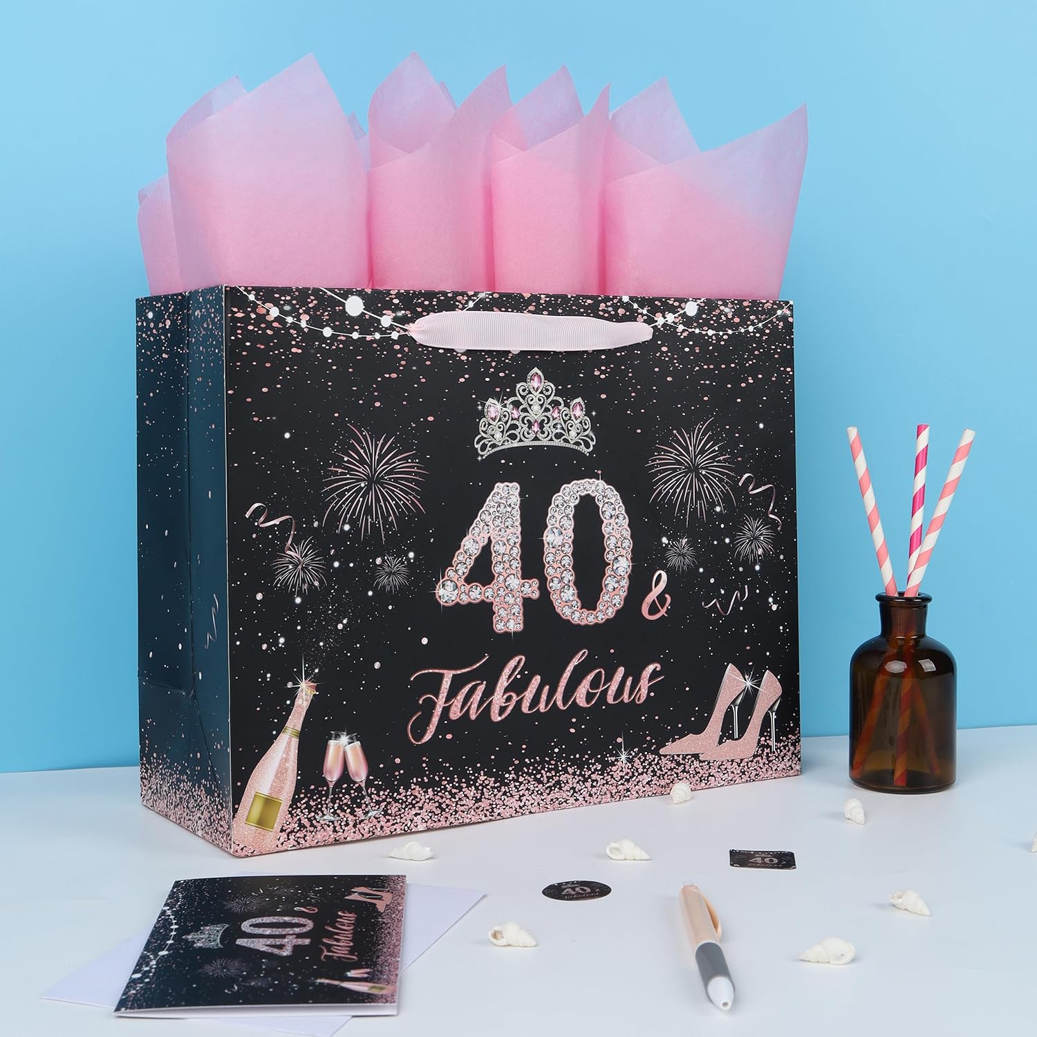 wishinside 13'' Large 40th Birthday Gift Bag Set with Handles, Greeting Card, Pink Tissue Papers and Stickers for 40 Year Old, Her, Women, Sister, Daughter, Best Friend, Tiara Design, 1 Pcs image 5