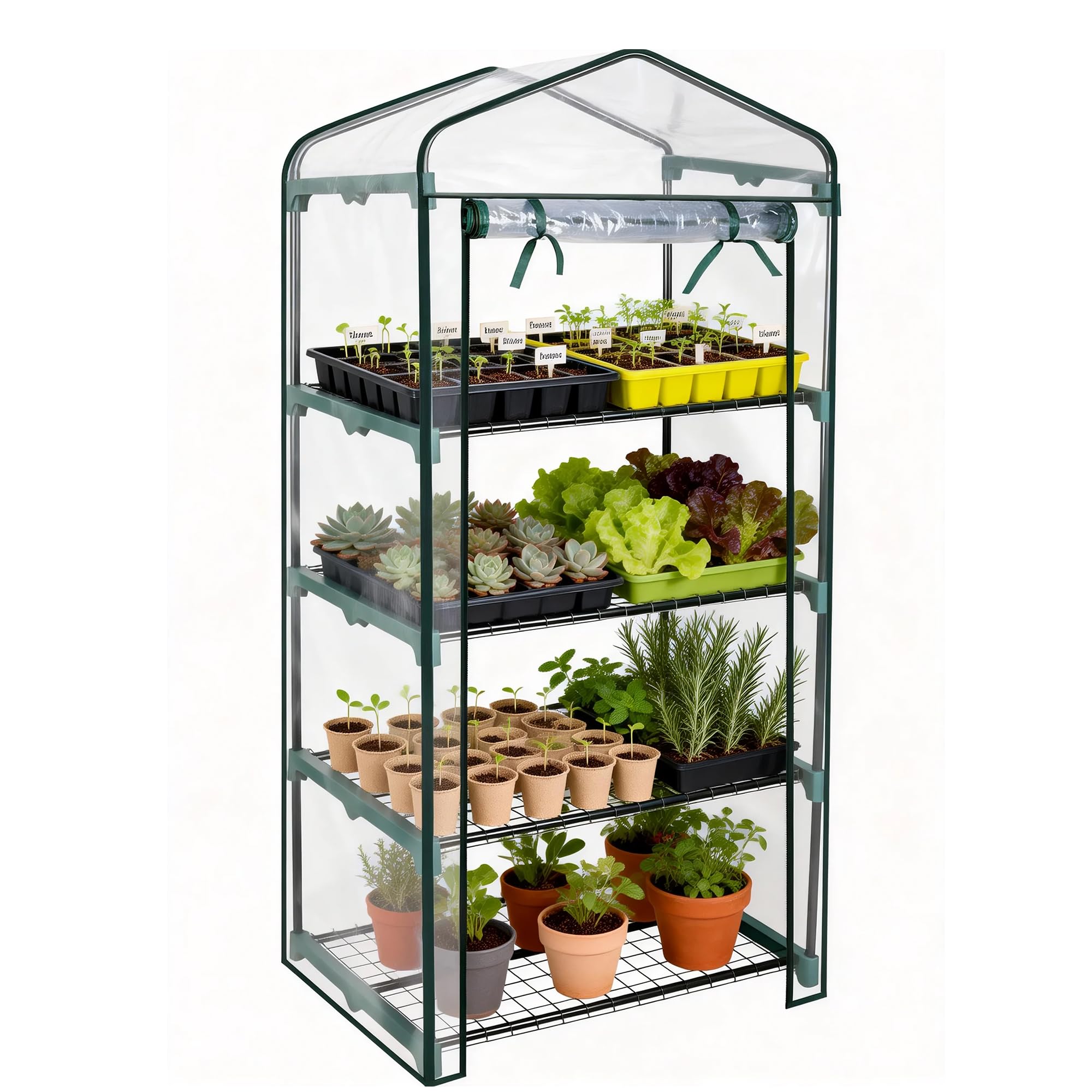 Worth Garden 4 Tier Mini Greenhouse - 63'' H x 27'' L x 19'' W - Sturdy Portable Gardening Shelves with PVC Cover - Small Green House Use in Indoor & Outdoor for Plants Flowers