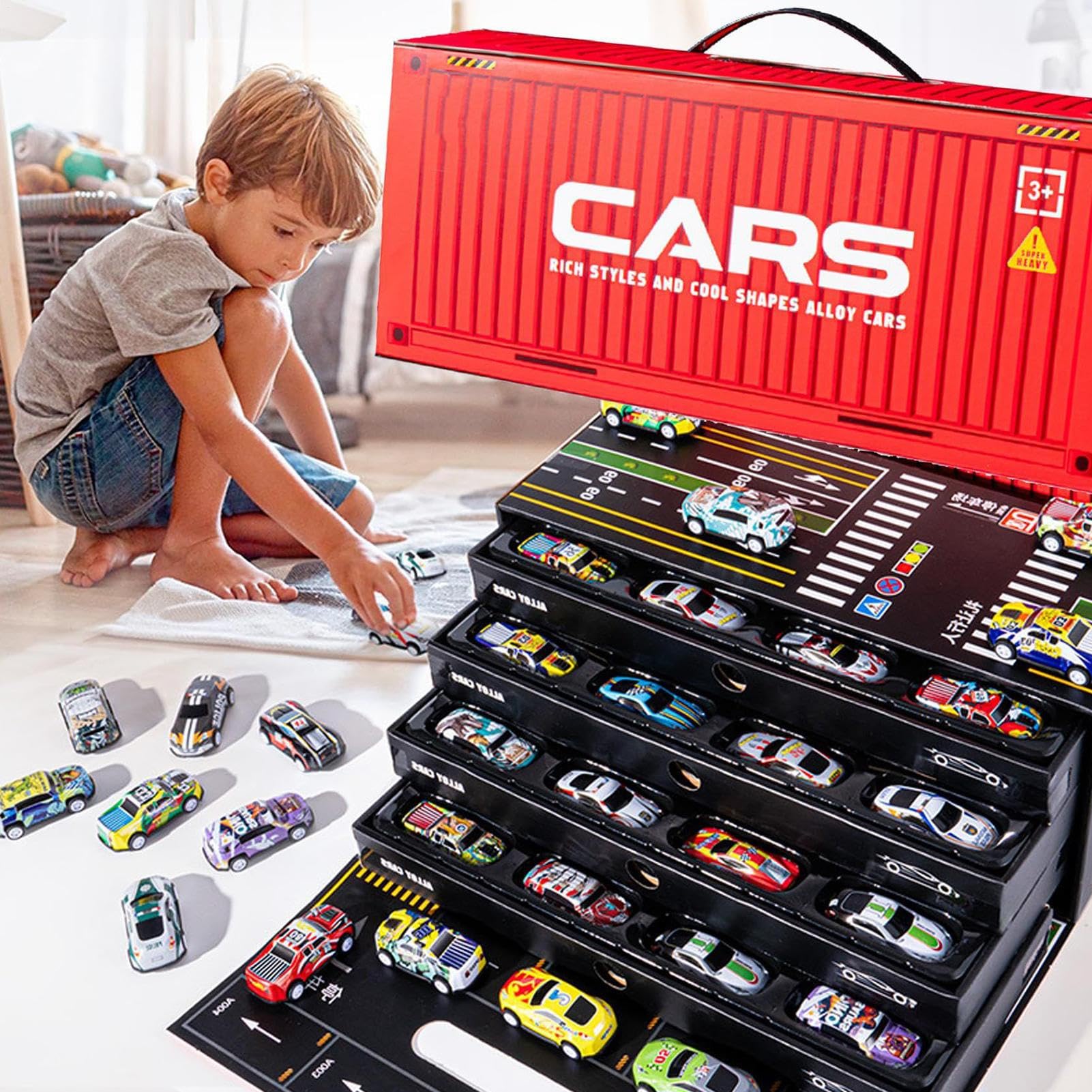 48 Mini Voitures à Friction Avec Garage Géant – Set De 48/60 Voitures De Course En Alliage, Parking à Étages Inclus – Cadeau Idéal Pour Enfants