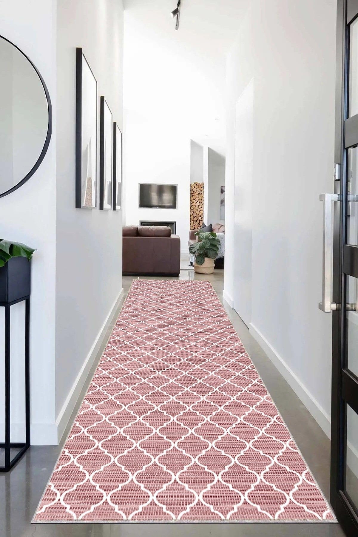 Pelangi Geometrik Karo Desenli Dijital Baskı Yıkanabilir Kaymaz Taban Etnik Kilim Desen Salon Halı, Pembe 80 x 400, 9555602804007