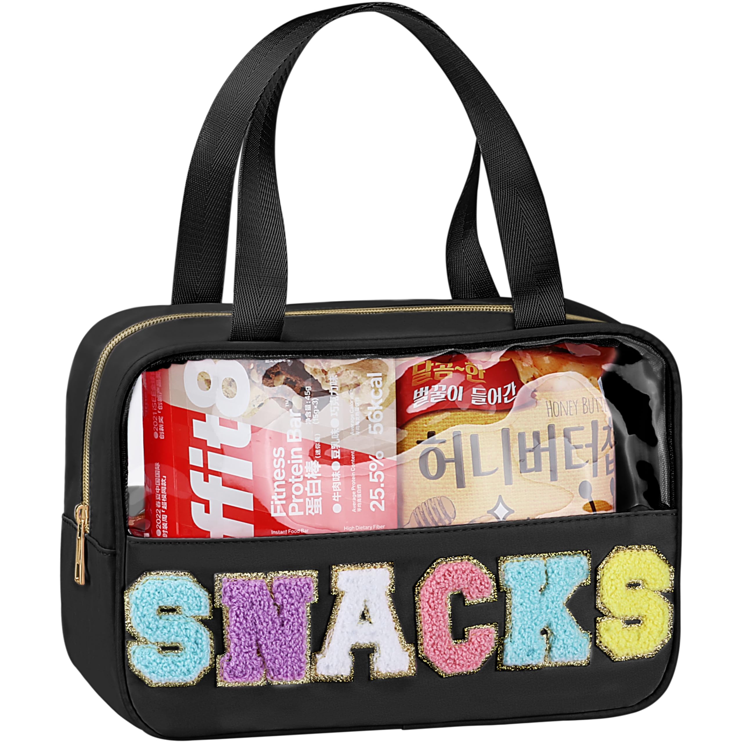 Snack Bag for Travel - Chenille Letter Clear Makeup Bag, Large Preppy Patch Snack Cosmetic Bag with Handle and Zipper, Cute Makeup Pouch Nylon&PVC