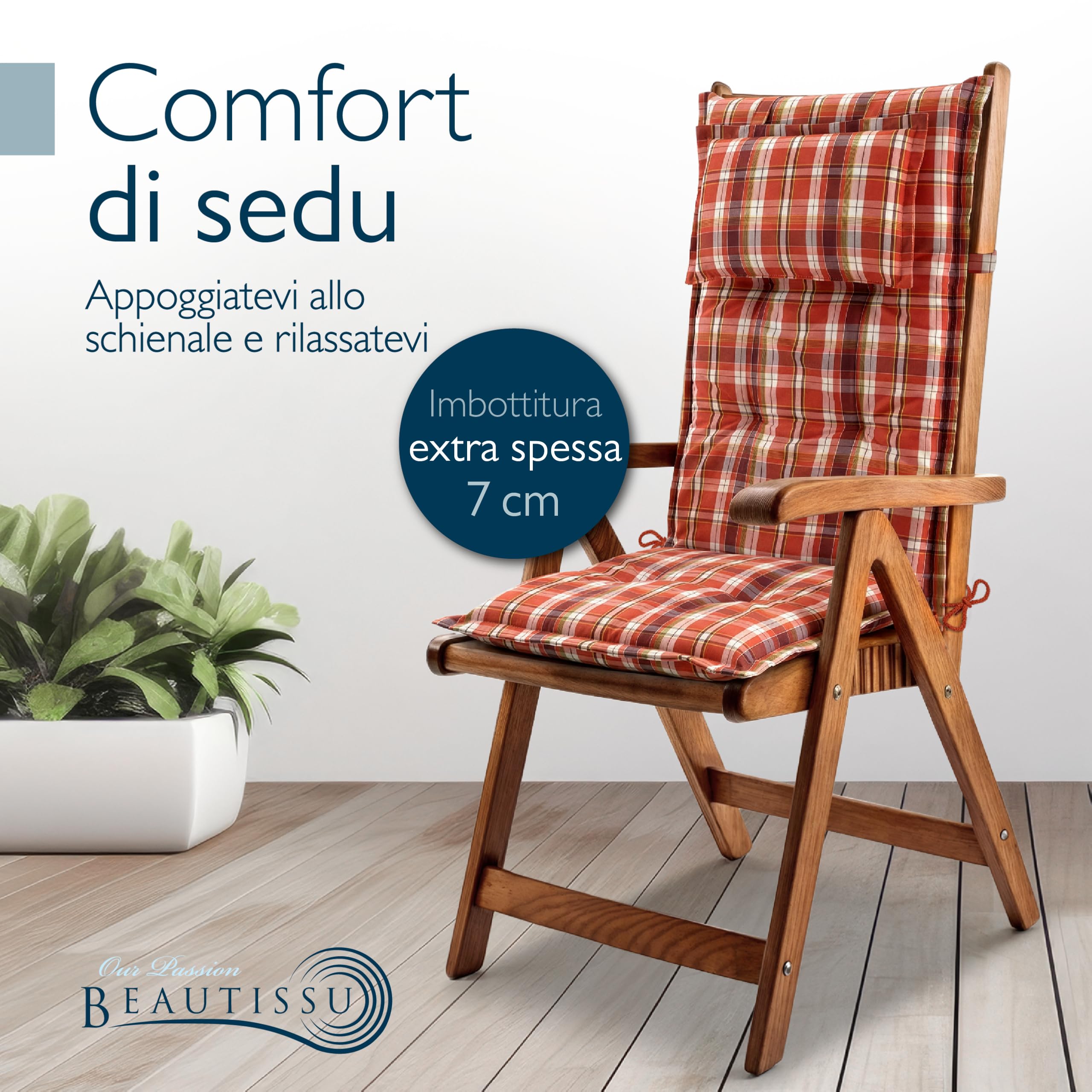 Beautissu Premium 6 Cuscini per Sedie Sdraio da Giardino 120x50cm HighLux HL – Tessuto robusto 200 g/m² – Cuscini per Sedie da Esterno Spessi 7 cm Arancione-Rosso-Verde a quadri Made in EU