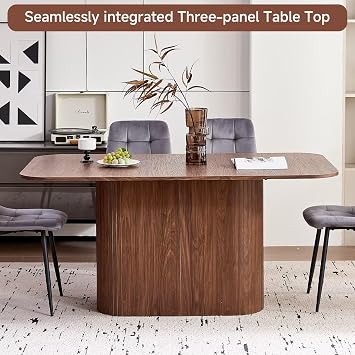 63 Large Dining Table for 4-6 People, Farmhouse Rectangular Modern Kitchen Dinner Table with Rounded Corners & Wood Strip Pedestal Base Rectangular for Dining Room, Brown Grain
