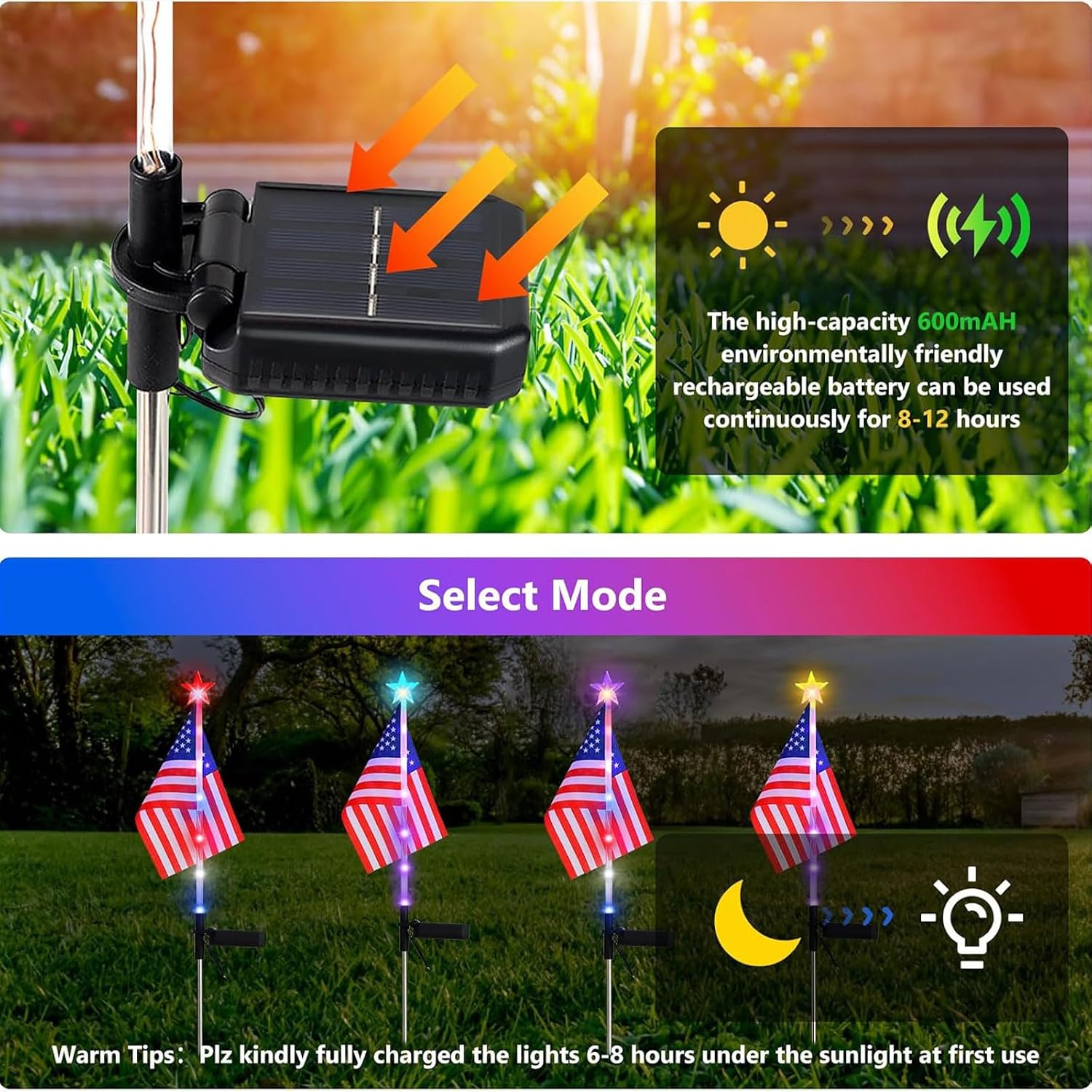 8 Pack Solar American Flag Lights Outdoor, 4th of July Decorations Outdoor, Waterproof Solar Flag Patriotic Lights for Yard, Garden, Pathway, Independence Day, 250th Anniversary (Red White and Blue)