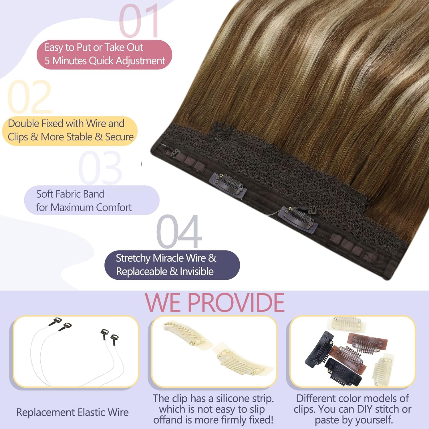 Sunny Clip in Hair Extensions Brown Balayage Real Human Hair Fish Line Hair Extensions #6/60/6 200g Full Head 16inch+18inch