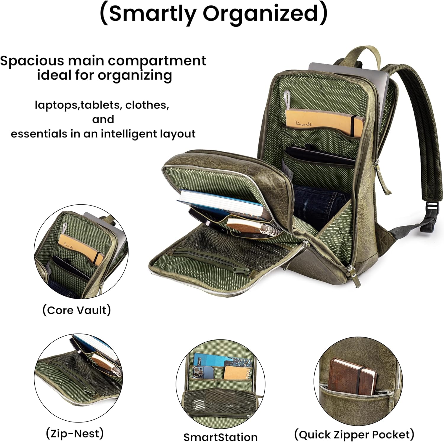LEATHER VILLAGE Leather Laptop Backpack for Men | Olive | Slim Professional Business Bag Fits 15.6”-Laptop | Water-Repellent Work & Travel Daypack with Trolley Strap