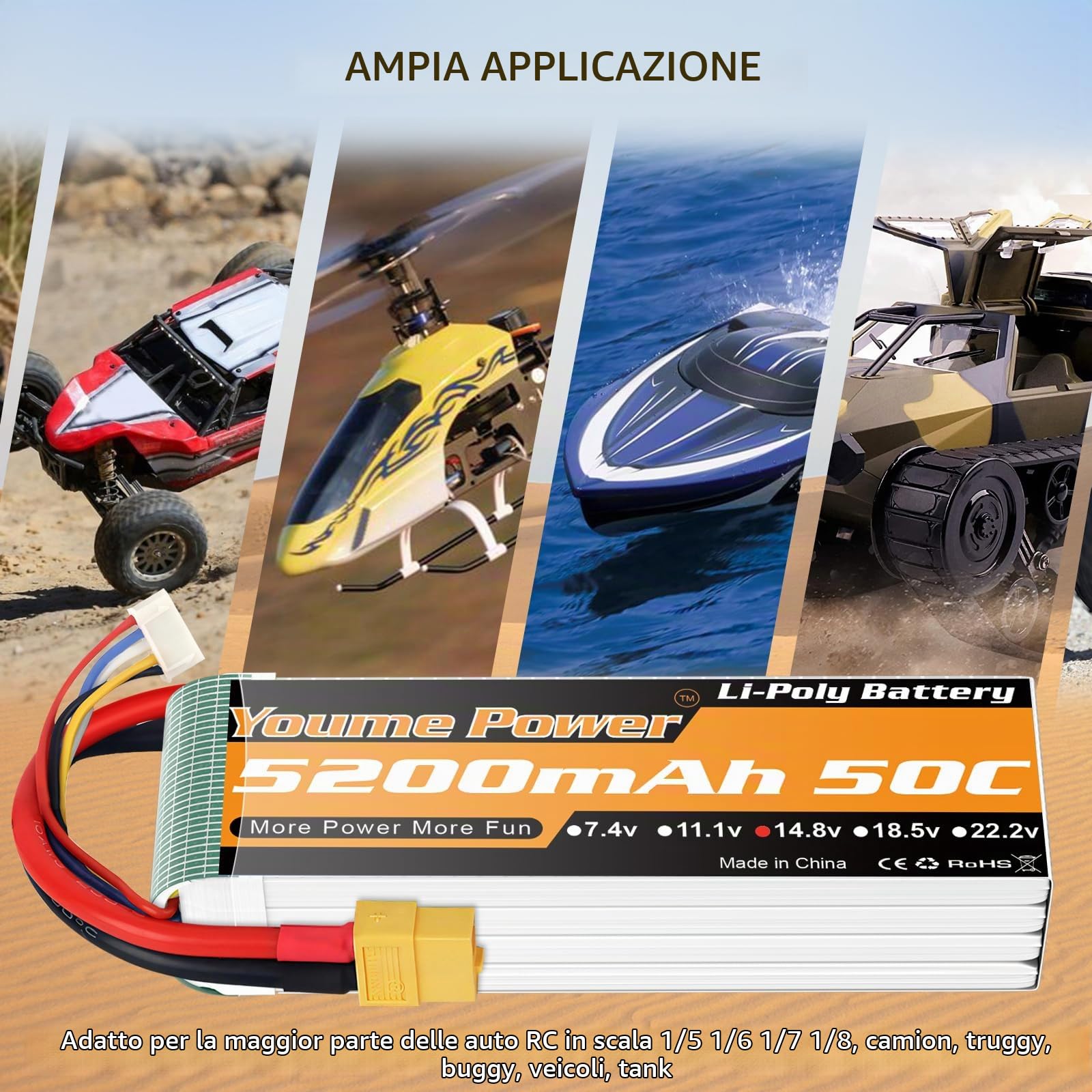 Youme Batteria LiPo 4S 5200mAh 14.8V 50C XT60 per RC Auto Droni 2pezzi