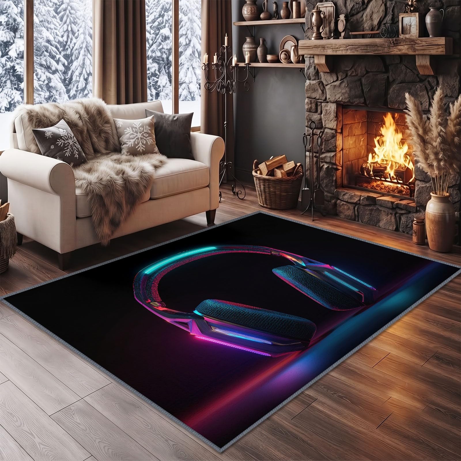 Gaming Néon Grand Tapis Salon Antidérapant Lavable en Machine 200x300cm, Poil Ras Doux Casque Gaming Tapis pour Salle a Manger Bureau Cuisine Decoration Chambrel