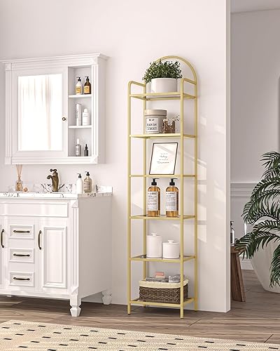 Miniatura 7 de Hzuaneri Estantería de vidrio templado, estantería delgada para dormitorio, baño, oficina en casa, marco de acero, oro de 6 niveles BC10601G