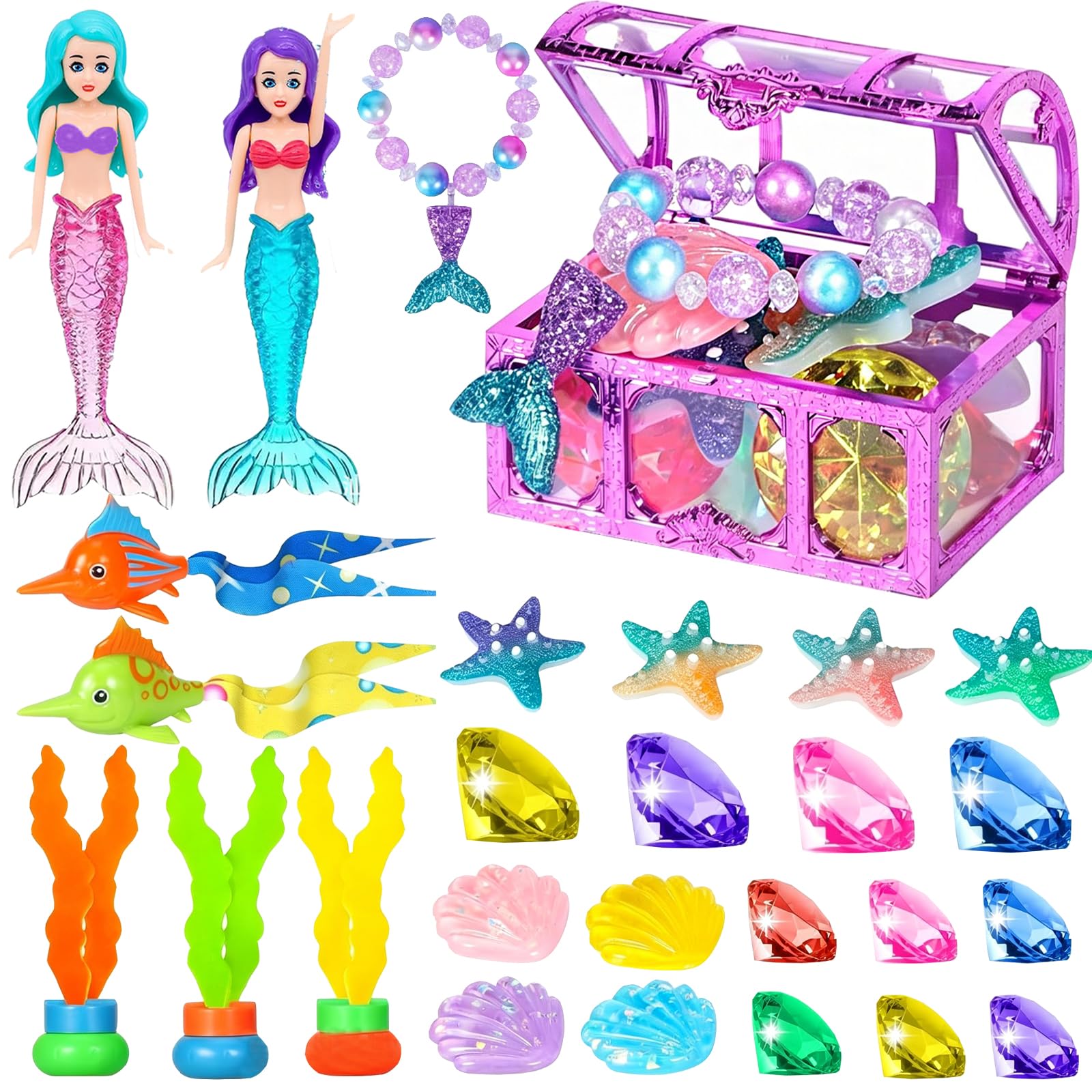 YOUYIKE 30 Pezzi Giocattolo Subacqueo per Bambini, Giocattolo Piscina Sirena con Diamanti Colorati con Scrigno, Alghe, Sirene, Braccialetto per Feste in Piscina, Giochi in Spiaggia, Cacce al Tesoro