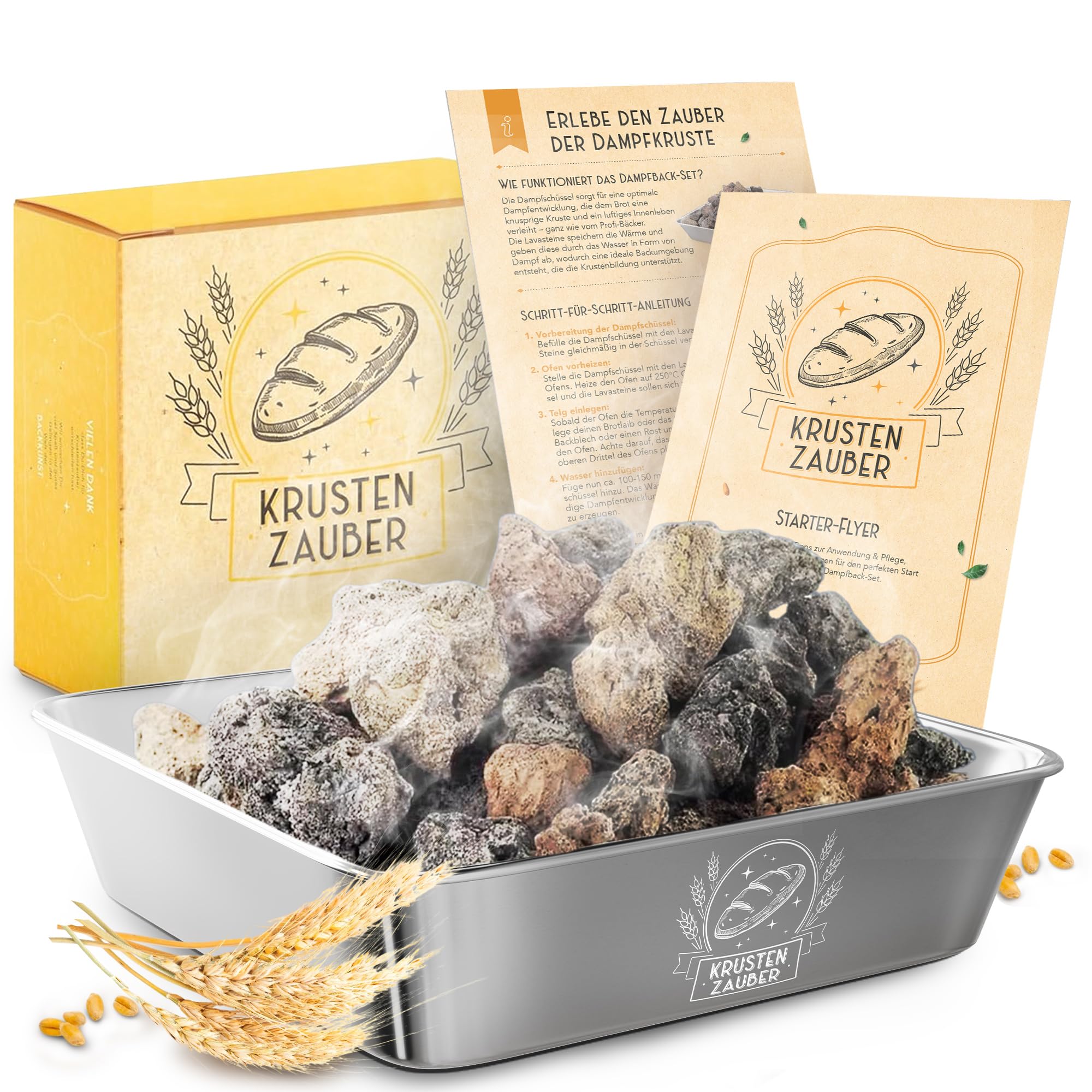 KRUSTENZAUBER Piedras de lava para hornear pan, incluye cuenco de vapor de acero inoxidable para una distribución óptima del calor gracias al vapor de agua natural, accesorios para pan crujiente
