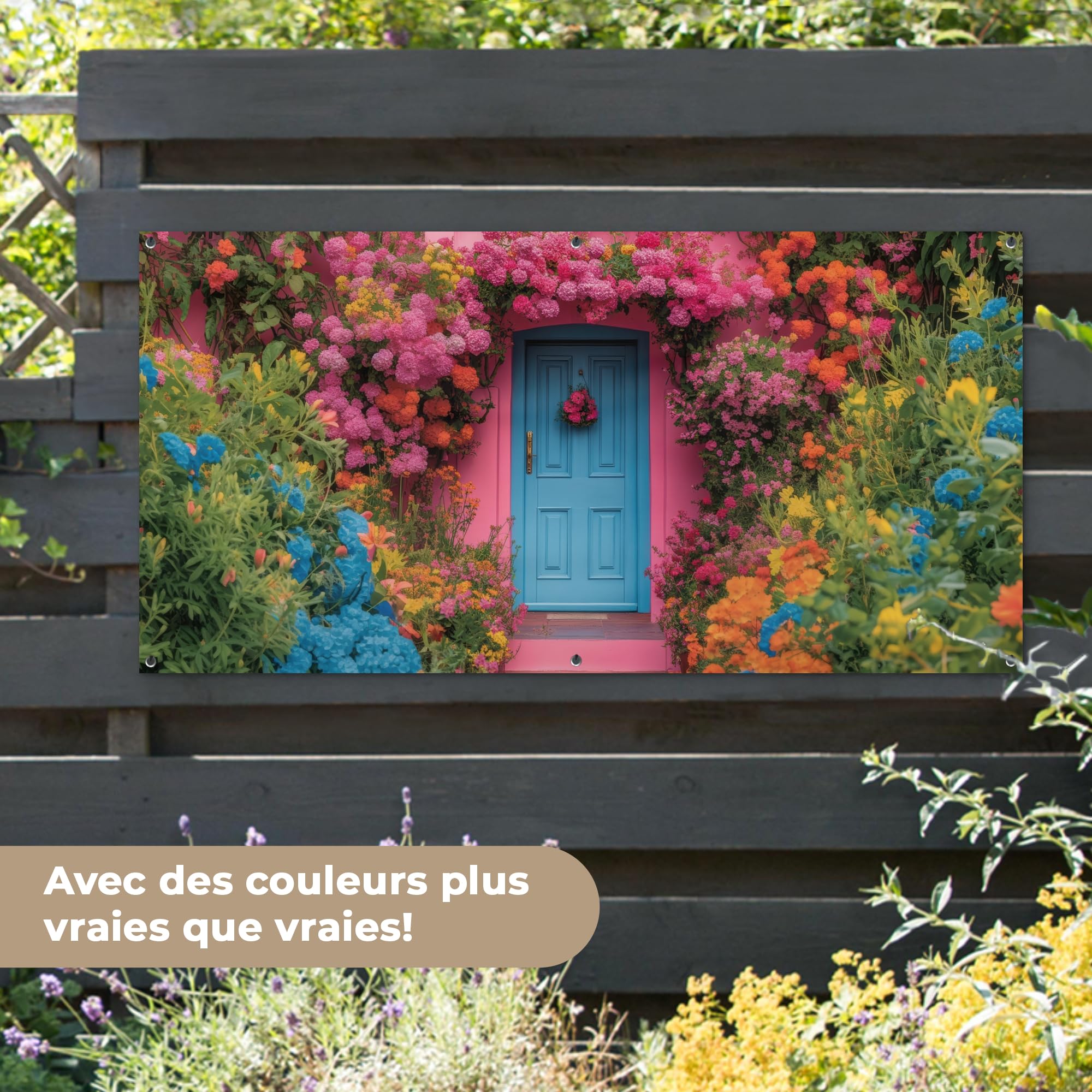 MuchoWow© Decoracion Jardin Exterior Decoración Pared Póster De Jardín | 160x80 cm - Balcón Wall Decoration Patio Posters Decorativos Terraza Flores - Puerta - Rosa