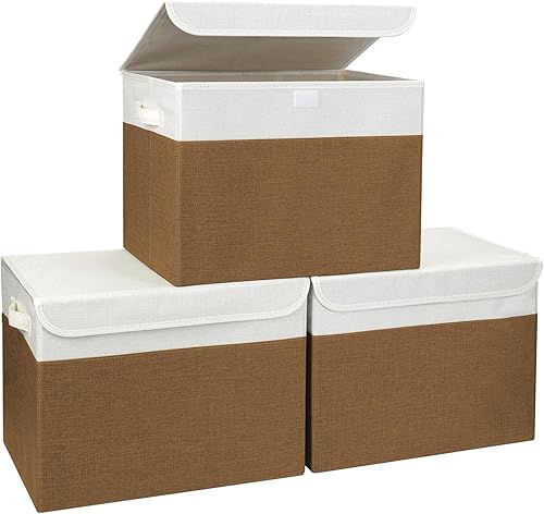 Miniatura 44 de Contenedores de Almacenamiento Plegables Apilables Grandes de 17" 42 Cuartos con Tapas [Paquete de 3] Cajas de Almacenamiento de Tela de Lino Beige