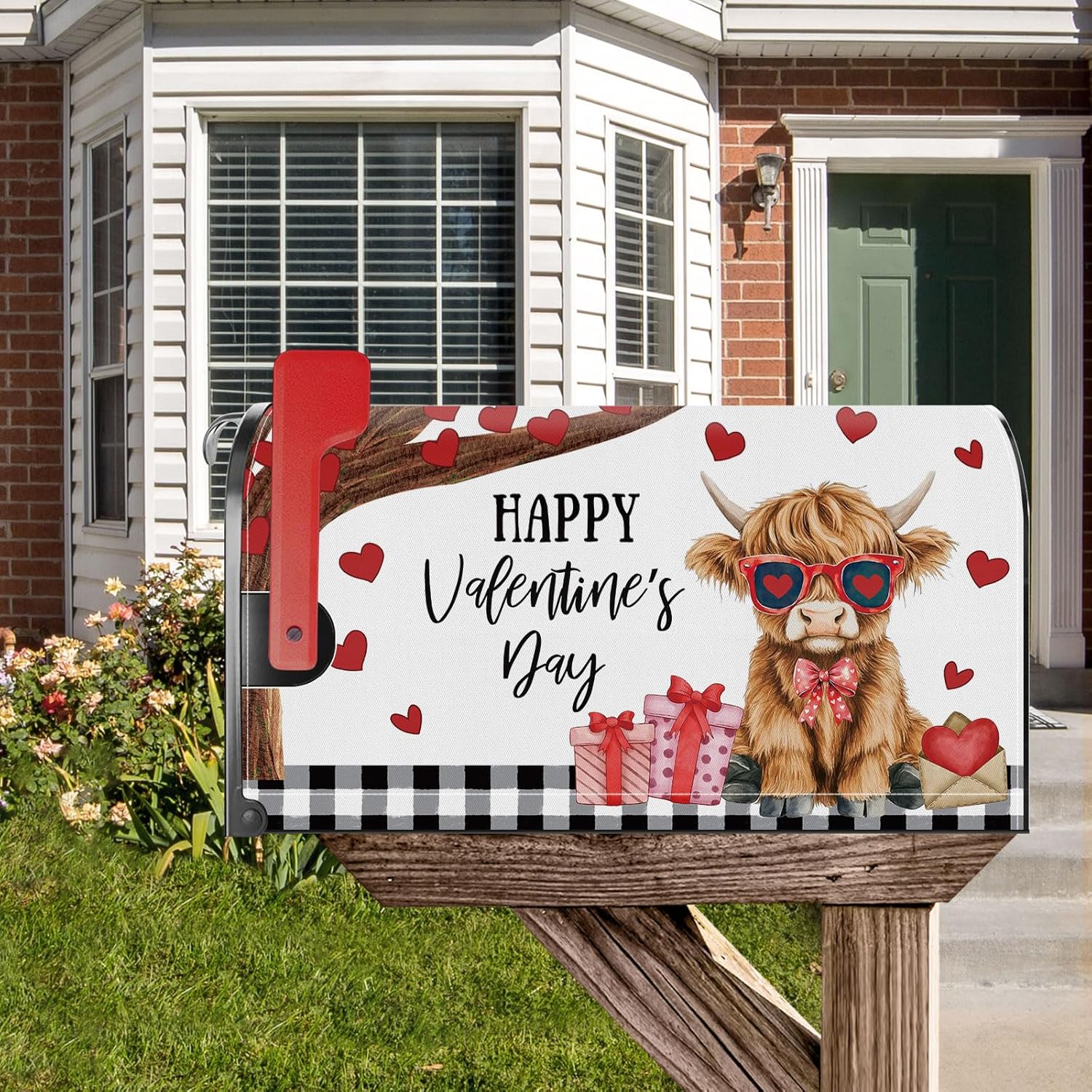 Happy Valentines Day Mailbox Cover Magnetic Highland Cow Love Heart Mailbox Cover Standard Size 21x18 Inch Post Letter Box Wrap Garden Yard Home Decor