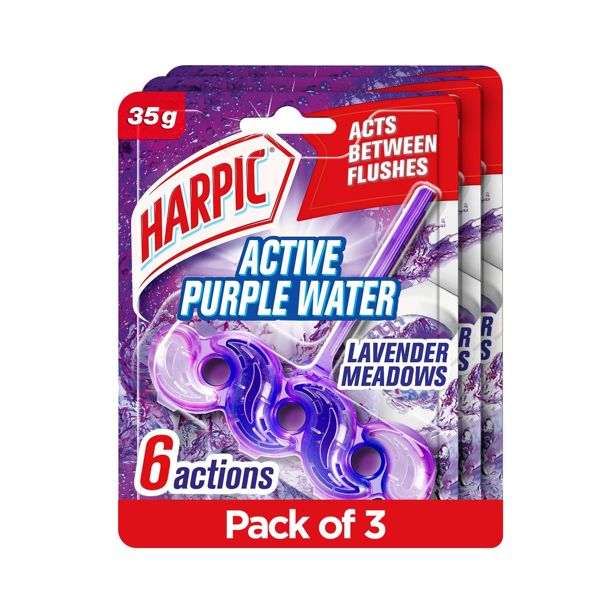 Harpic Active Purple Water Toilet Cleaner Rim Block, Lavender Meadows Scent, 35g x 3