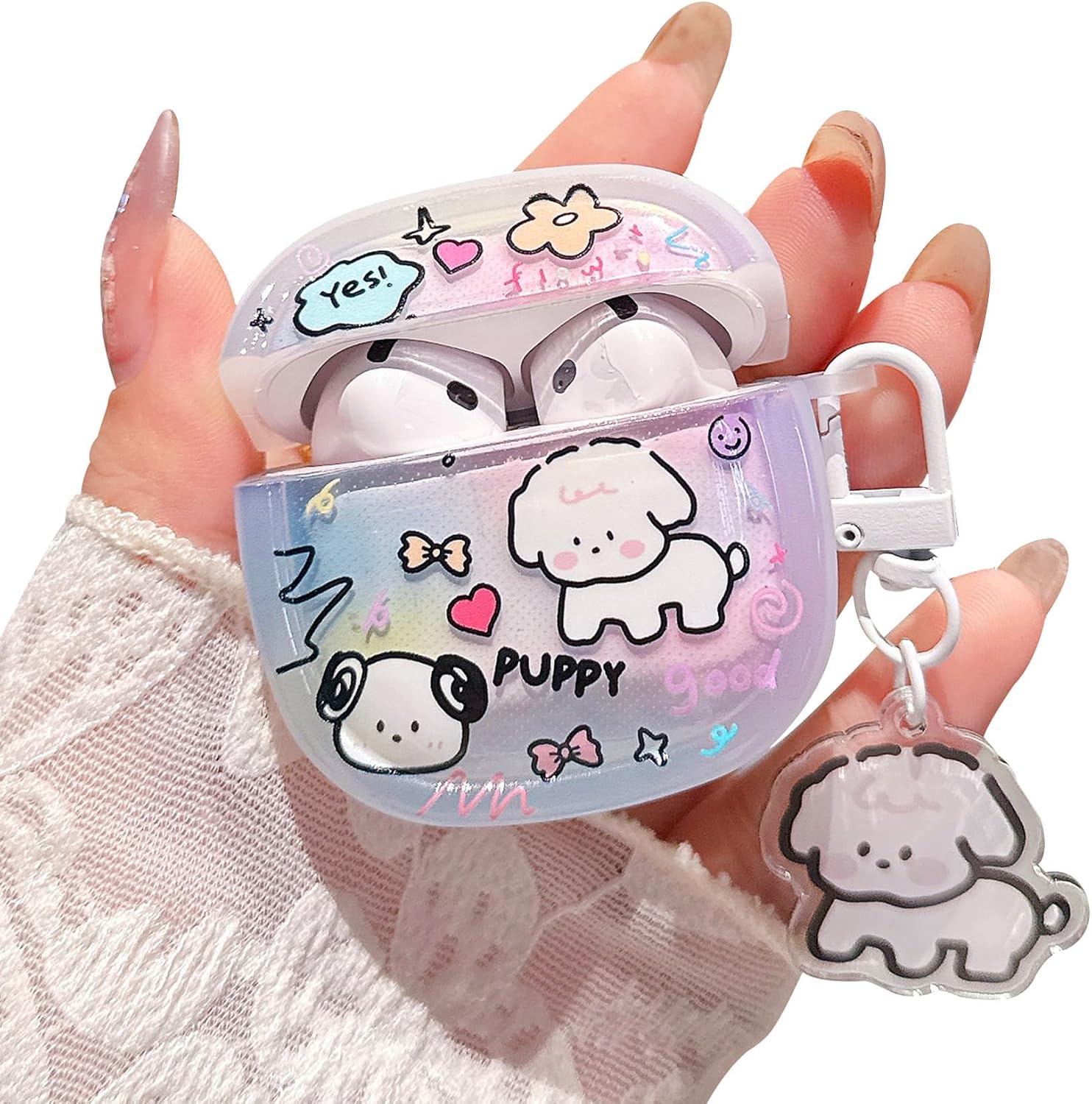 for Airpod 4 Cute Case with Puppy Keychain Cartoon Animal Clear Protective Cover Compatible with AirPods 4th Generation Case 2024 for Girls Women (White Dog)