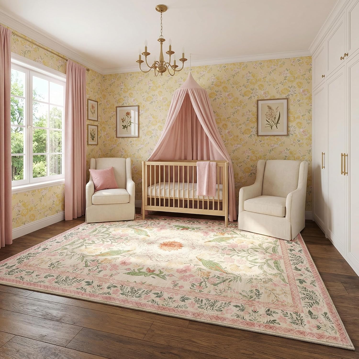 Bohemian Floral Area Rugs, Low Pile Faux Wool Rug, Washable Non-Slip Carpet for Living Room, Bedroom, Dining Room - Stain Resistant, Lightweight, Soft & Durable, Garden Pink, 6'x 9'