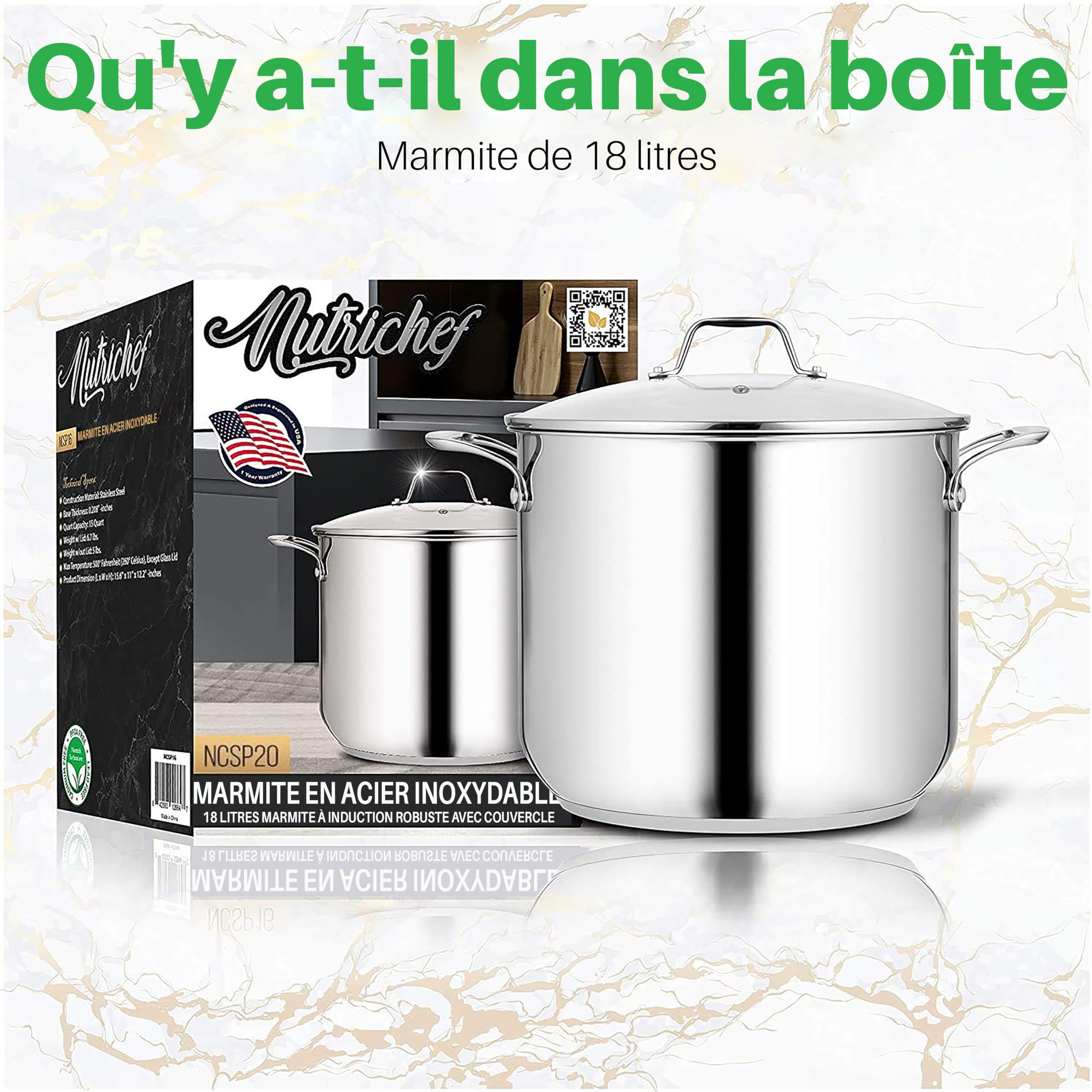 NutriChef Marmite- Faitout Inox de 18 Litres - 18-8 Qualité Alimentaire Résistant Tous Feux- Faitout-Grande Marmite avec Couvercle Transparent, Compatible Lave-Vaisselle